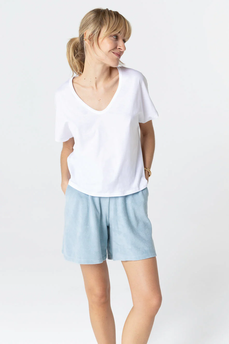 T-shirt Blanc Col V Manches Courtes en Coton Supima