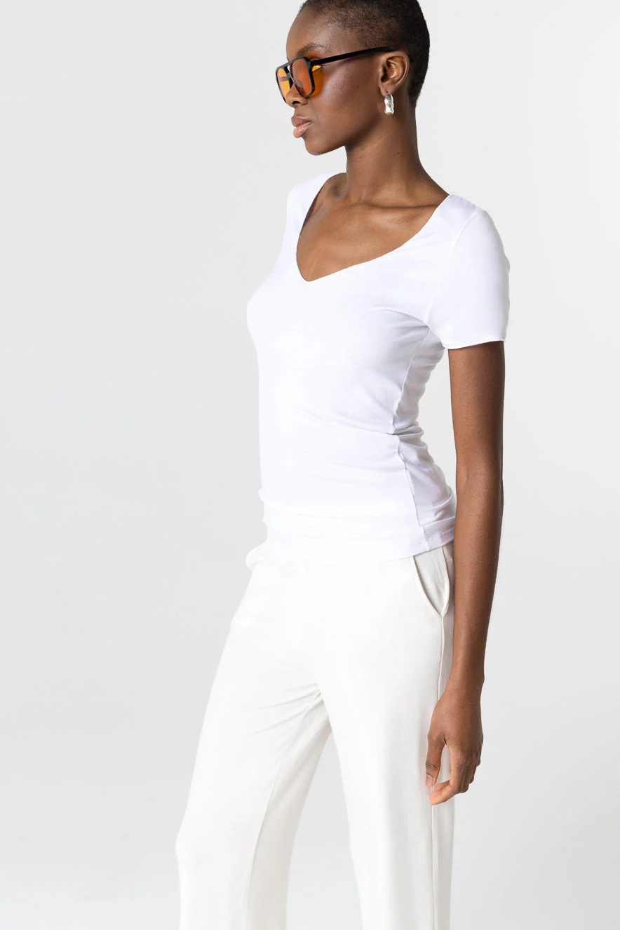T-shirt Blanc Col V Manches Courtes en Viscose / Elasthanne