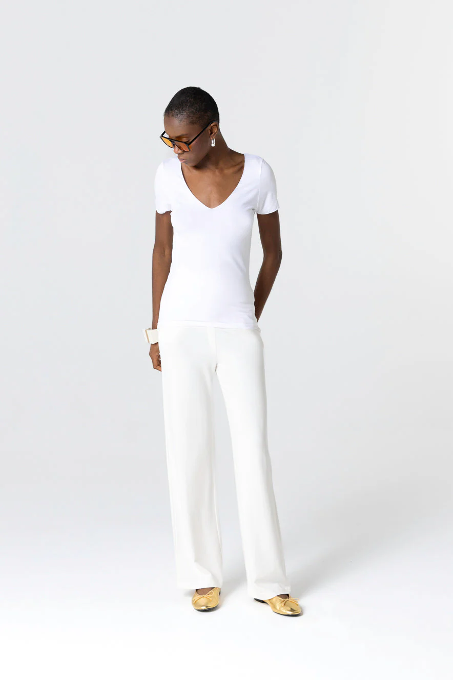 T-shirt Blanc Col V Manches Courtes en Viscose / Elasthanne - Image 2