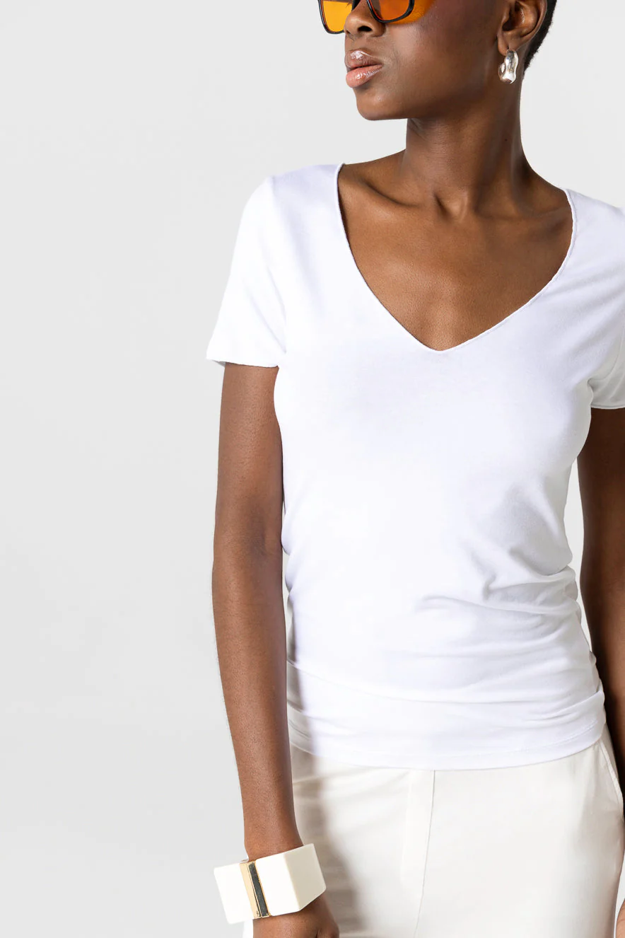 T-shirt Blanc Col V Manches Courtes en Viscose / Elasthanne - Image 3