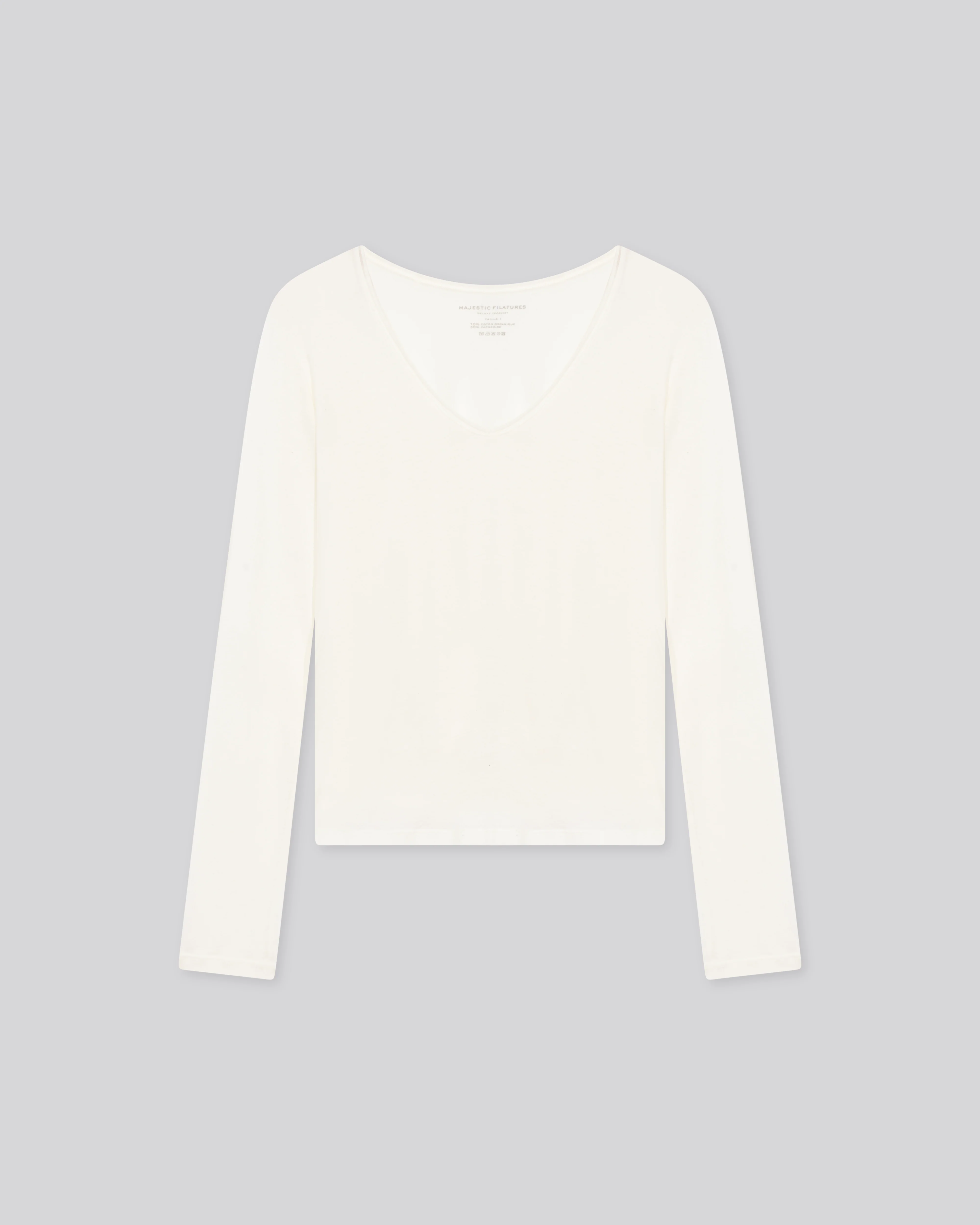 T-shirt Blanc lait Col V Manches Longues en Coton et Cachemire - Image 6