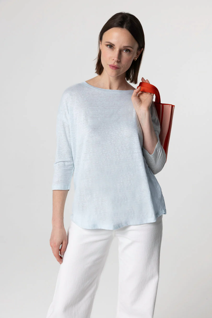 T-shirt Bleu Clair Col Bateau Manches Trois quarts en Lin / Elasthanne