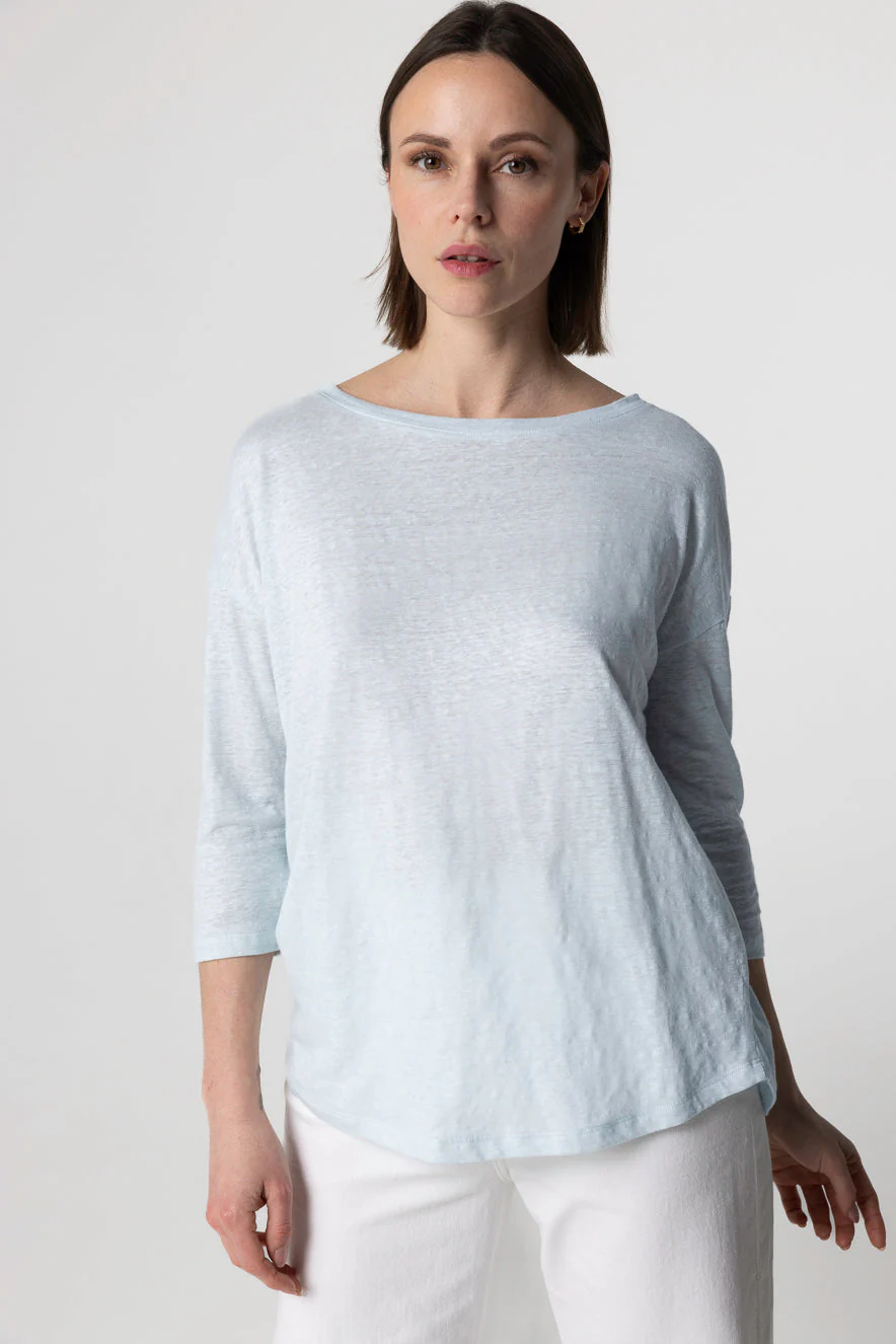 T-shirt Bleu Clair Col Bateau Manches Trois quarts en Lin / Elasthanne - Image 2