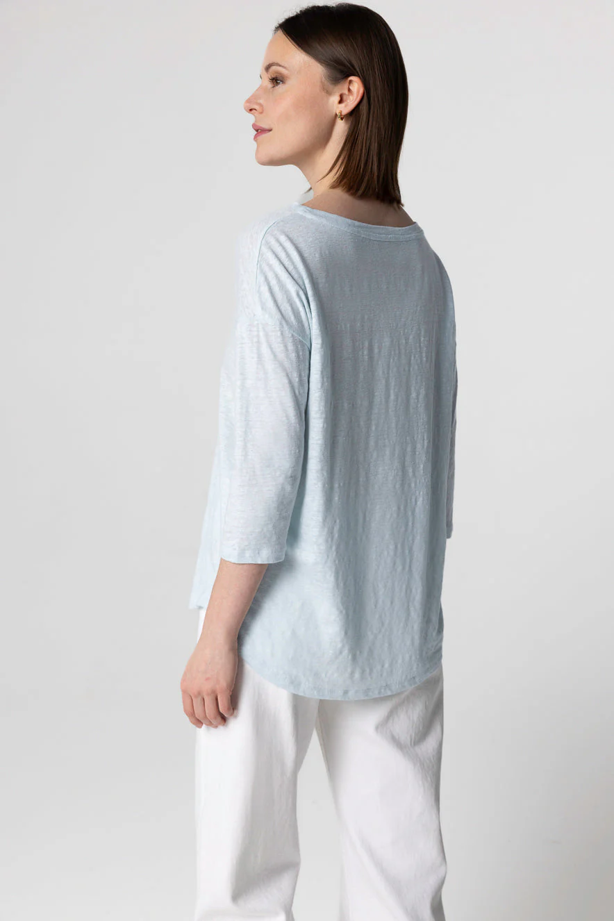 T-shirt Bleu Clair Col Bateau Manches Trois quarts en Lin / Elasthanne - Image 5
