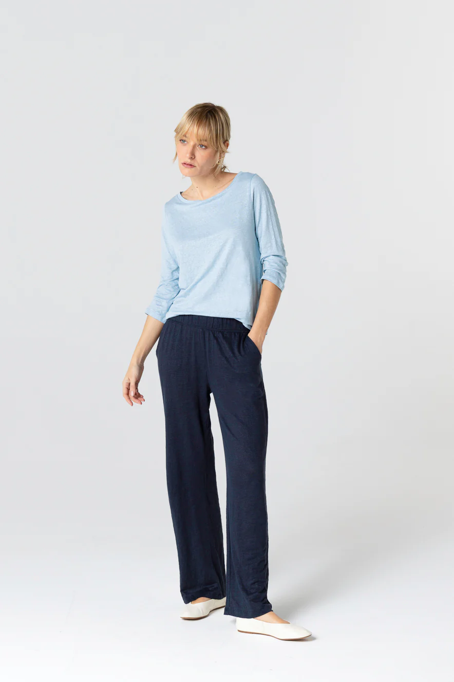 T-shirt Bleu Clair Col Bateau Manches Trois quarts en Lin / Elasthanne - Image 2