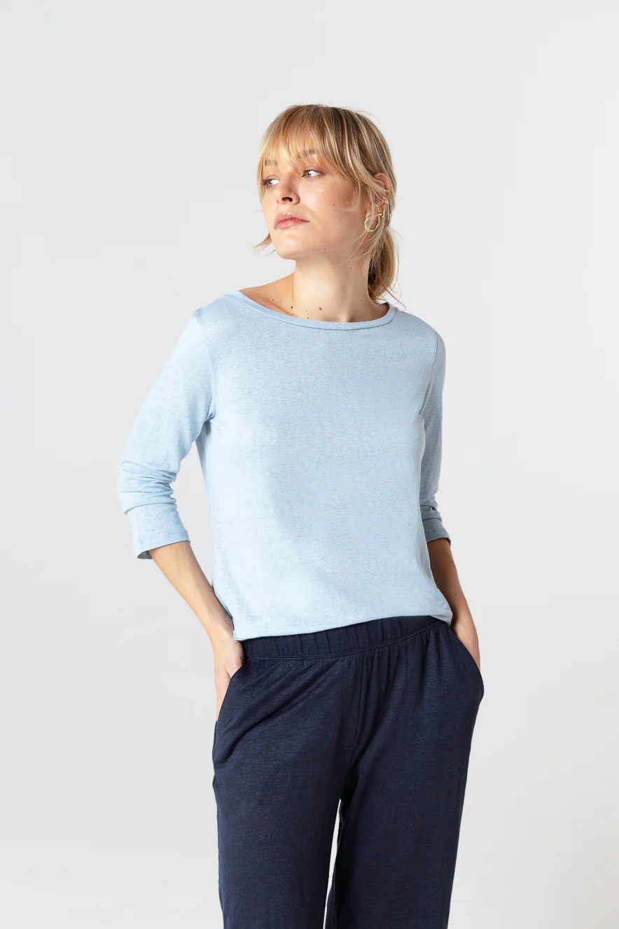 T-shirt Bleu Clair Col Bateau Manches Trois quarts en Lin / Elasthanne - Image 3