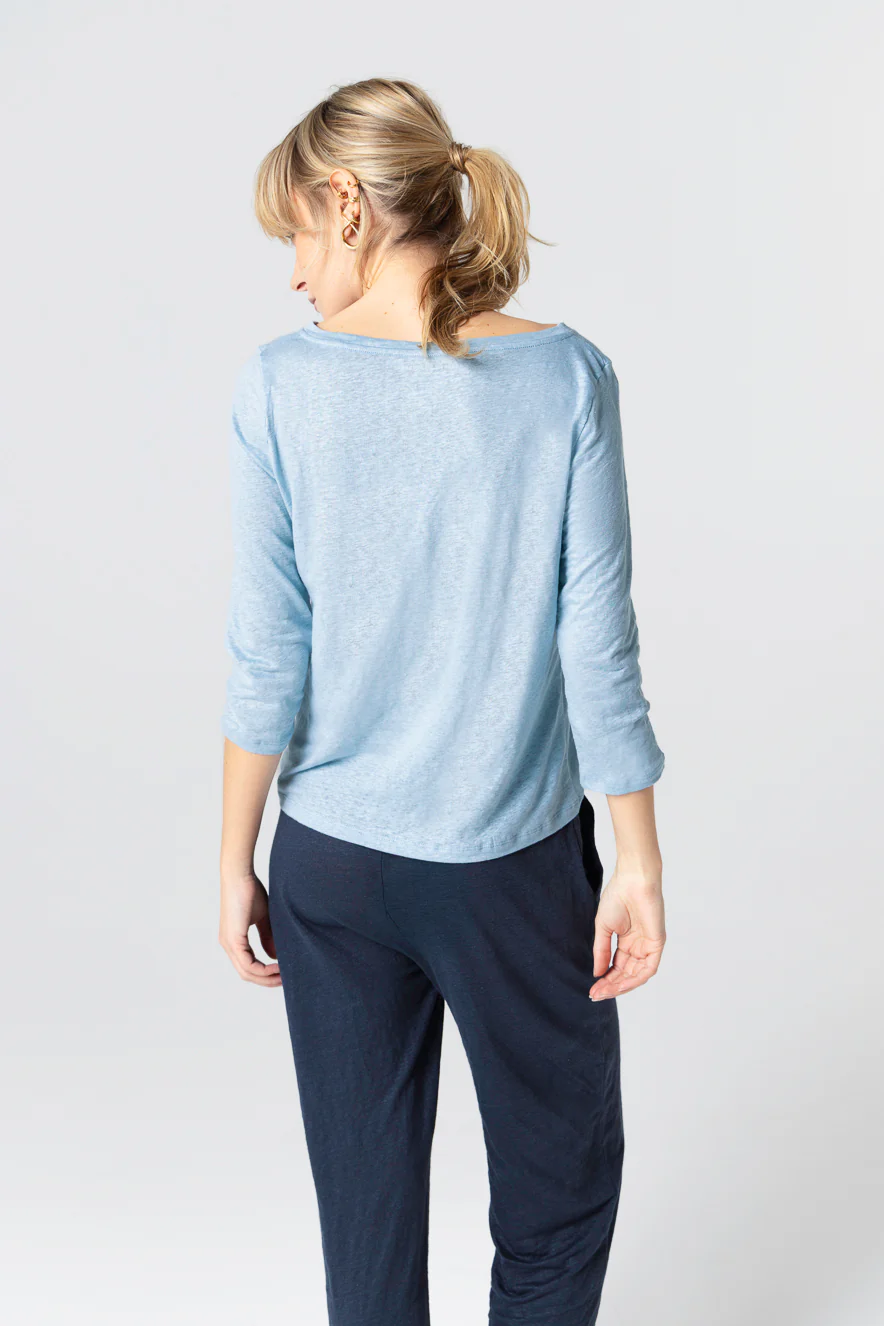T-shirt Bleu Clair Col Bateau Manches Trois quarts en Lin / Elasthanne - Image 4