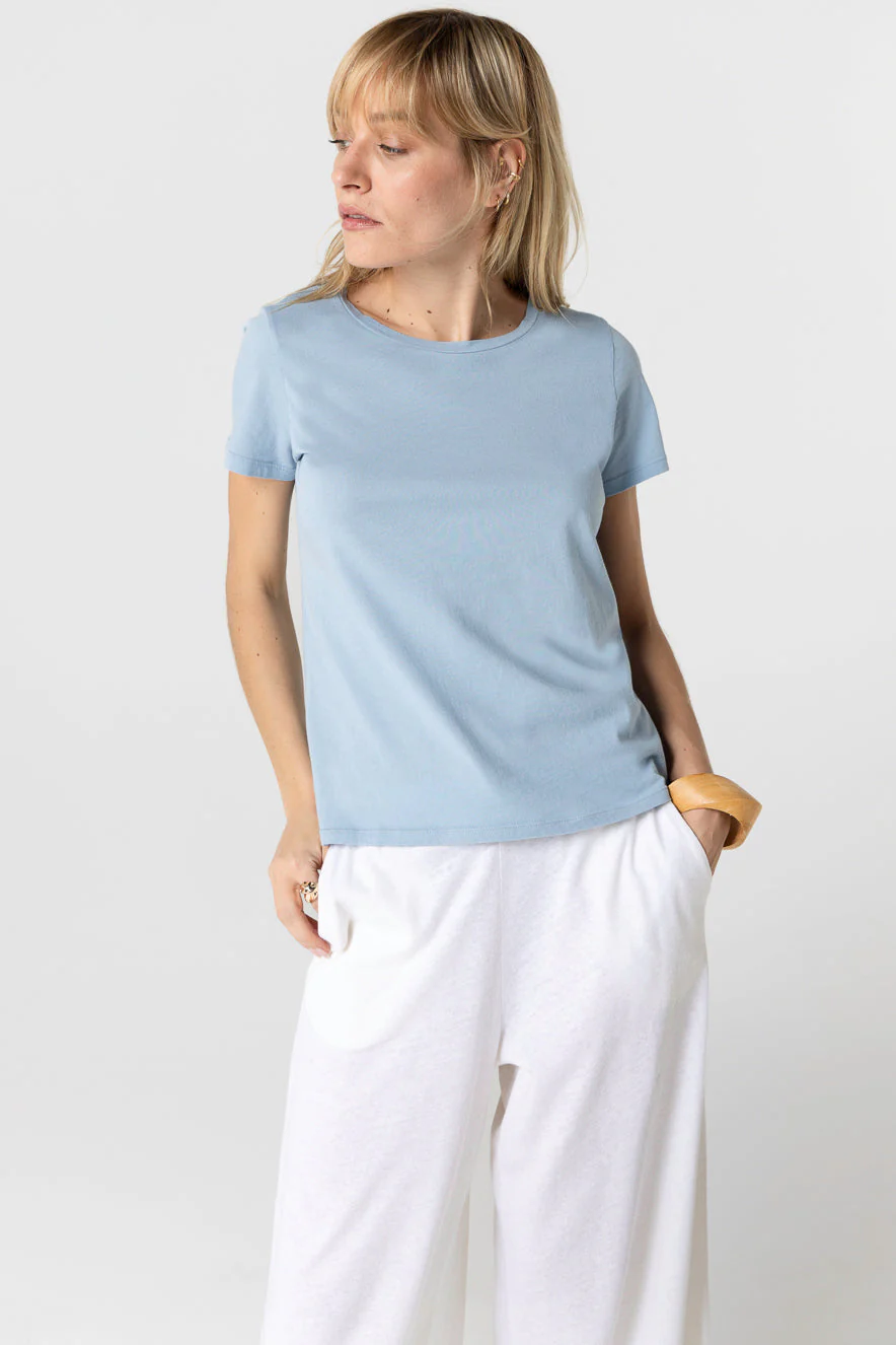 T-shirt Bleu Clair Col Rond Manches Courtes en Cachemire