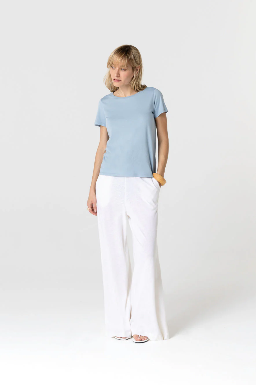 T-shirt Bleu Clair Col Rond Manches Courtes en Cachemire - Image 2