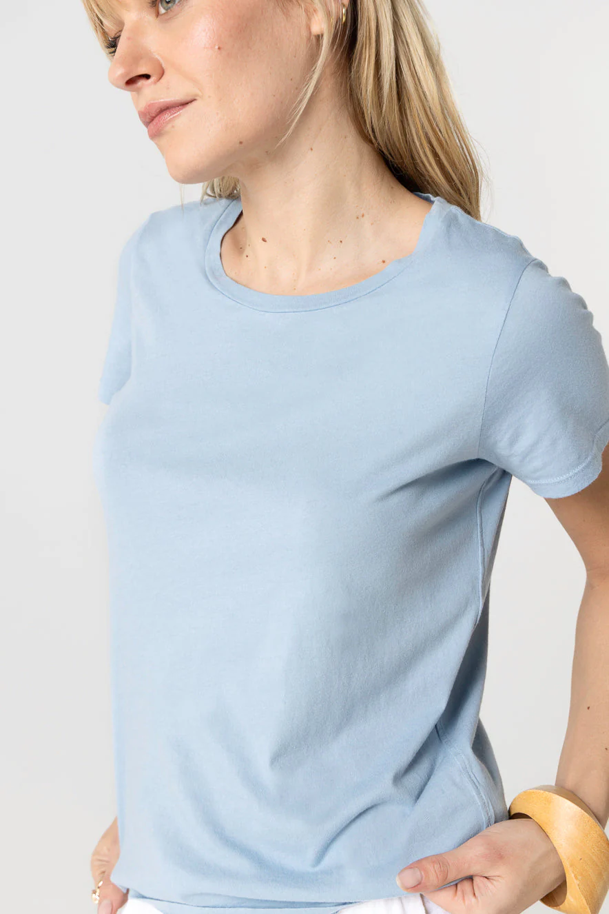 T-shirt Bleu Clair Col Rond Manches Courtes en Cachemire - Image 5