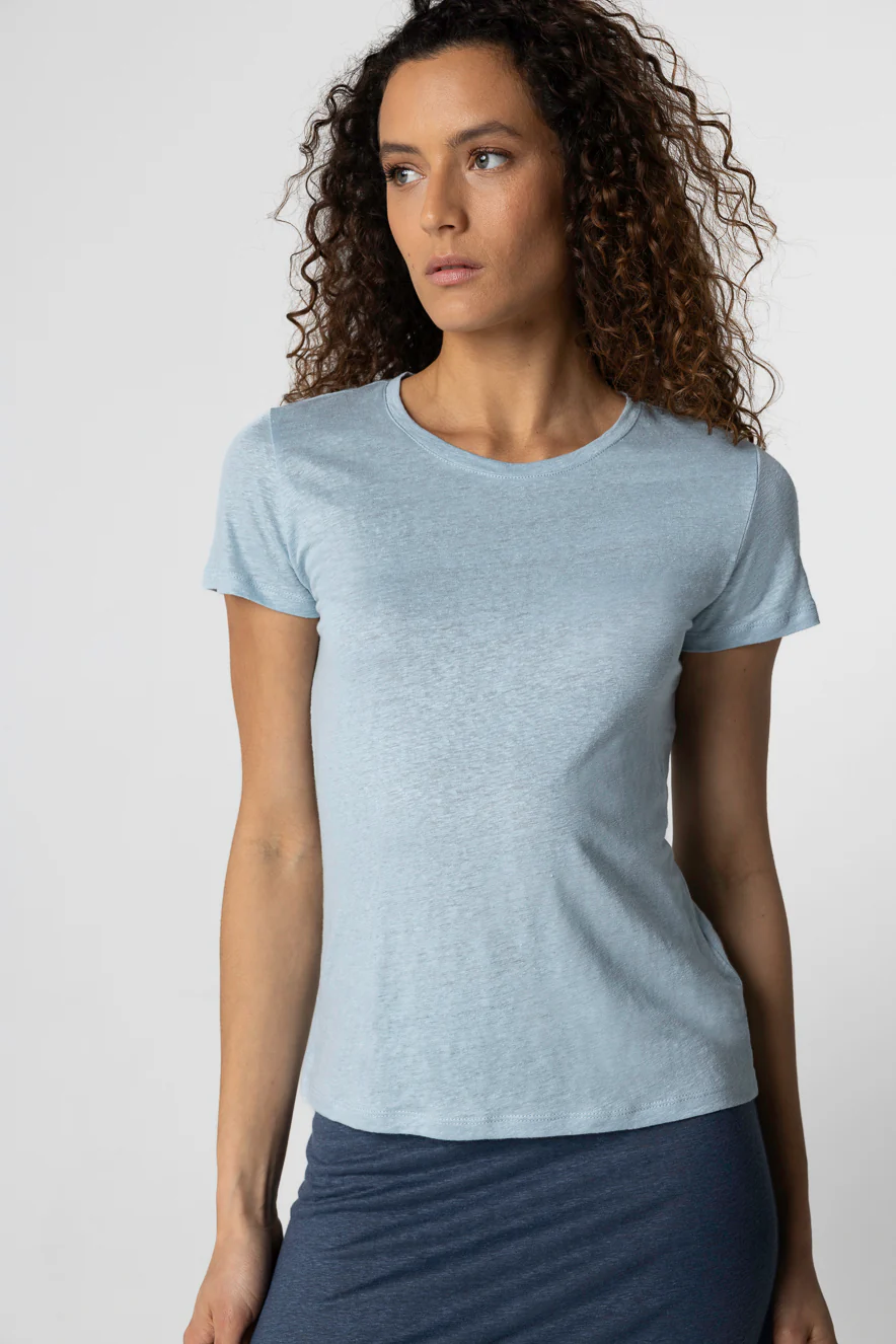 T-shirt bleu clair Col Rond Manches Courtes en Lin / Elasthanne