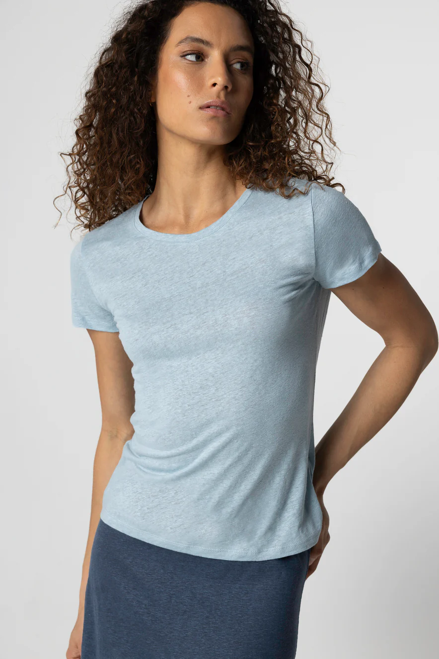 T-shirt bleu clair Col Rond Manches Courtes en Lin / Elasthanne - Image 2
