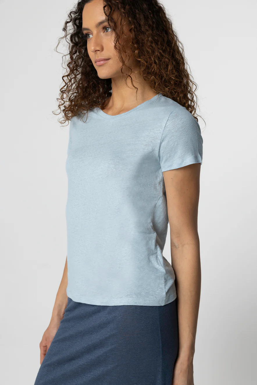 T-shirt bleu clair Col Rond Manches Courtes en Lin / Elasthanne - Image 3