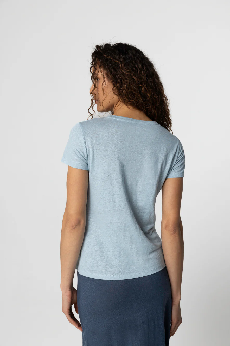 T-shirt bleu clair Col Rond Manches Courtes en Lin / Elasthanne - Image 4