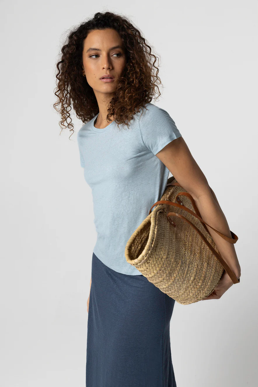 T-shirt bleu clair Col Rond Manches Courtes en Lin / Elasthanne - Image 5