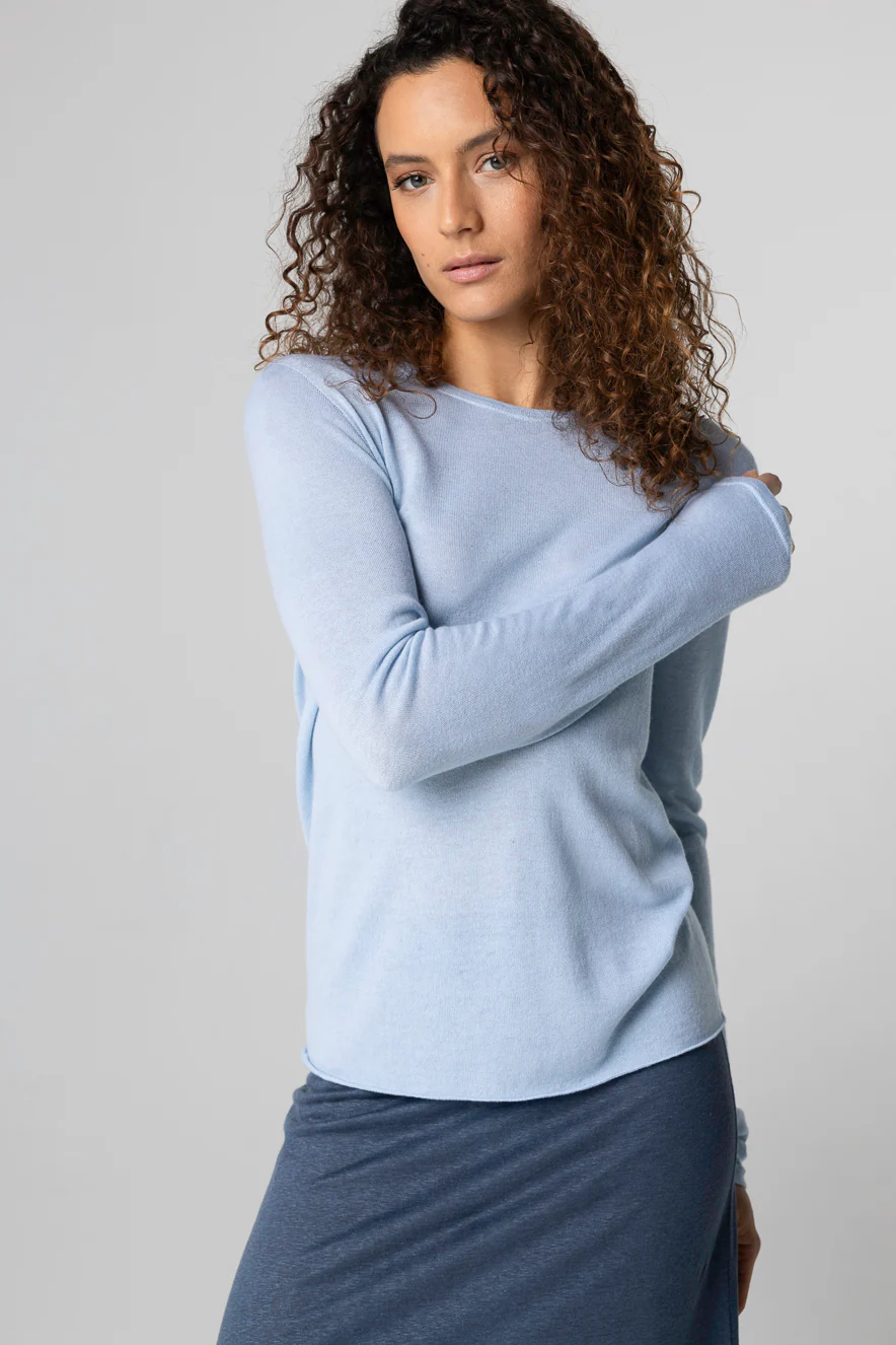 T-shirt Bleu Clair Col Rond Manches Longues en Cachemire