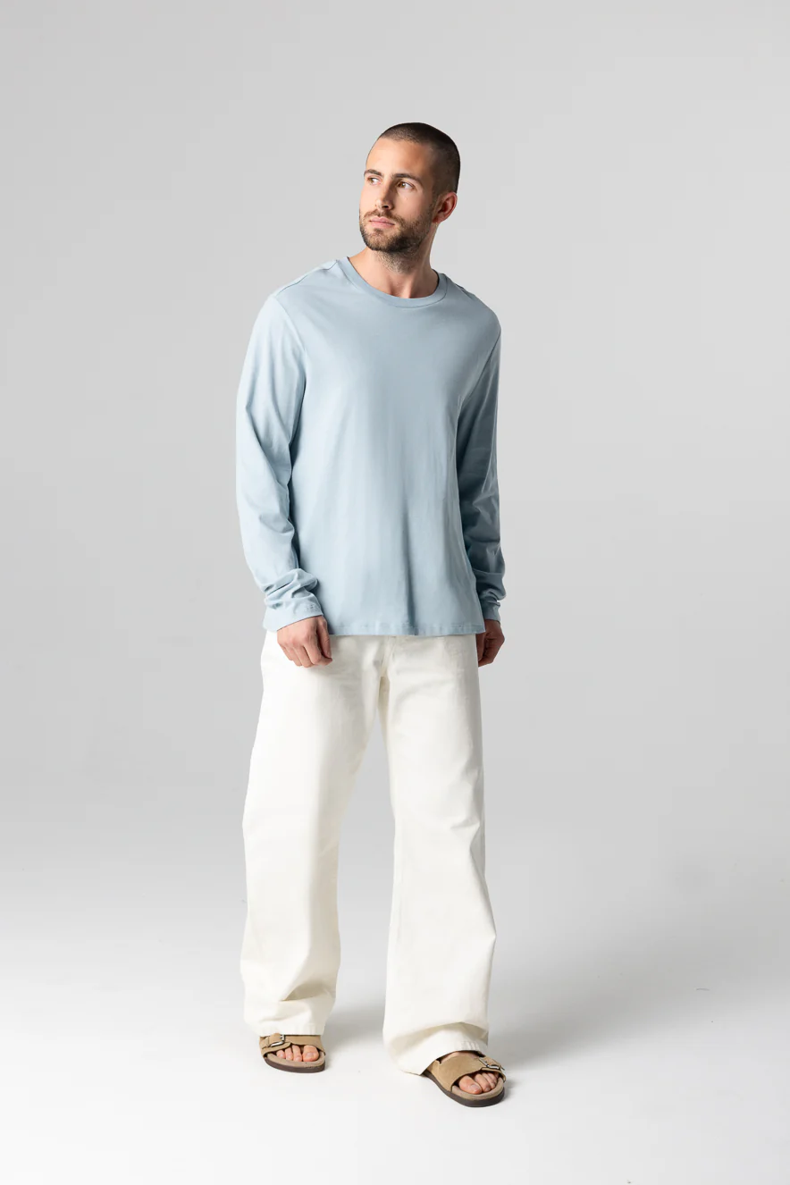 T-shirt Bleu Clair Col Rond Manches Longues en Coton Organique
