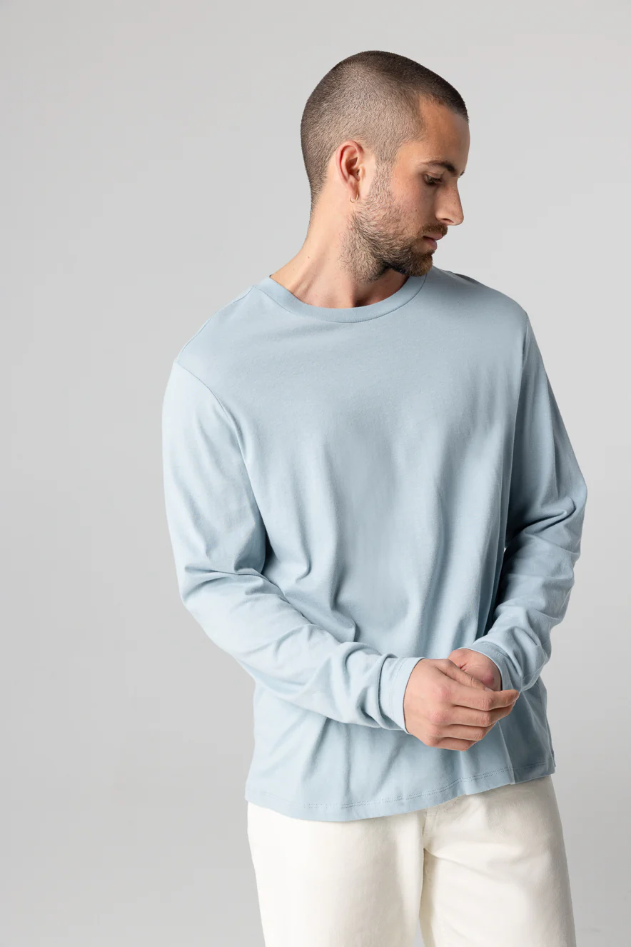T-shirt Bleu Clair Col Rond Manches Longues en Coton Organique - Image 2
