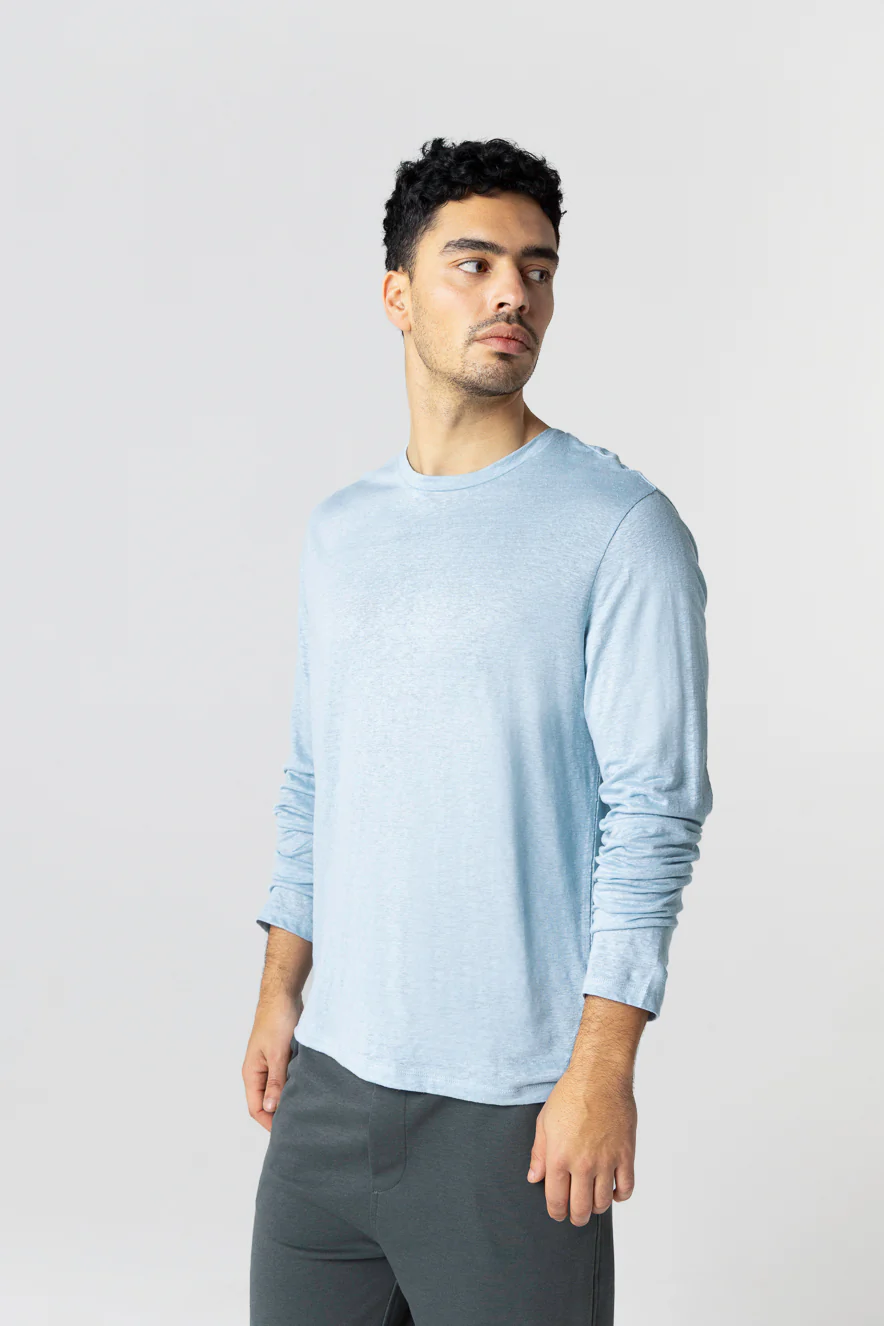 T-shirt Bleu Calanques Col Rond Manches Longues en Lin / Elasthanne