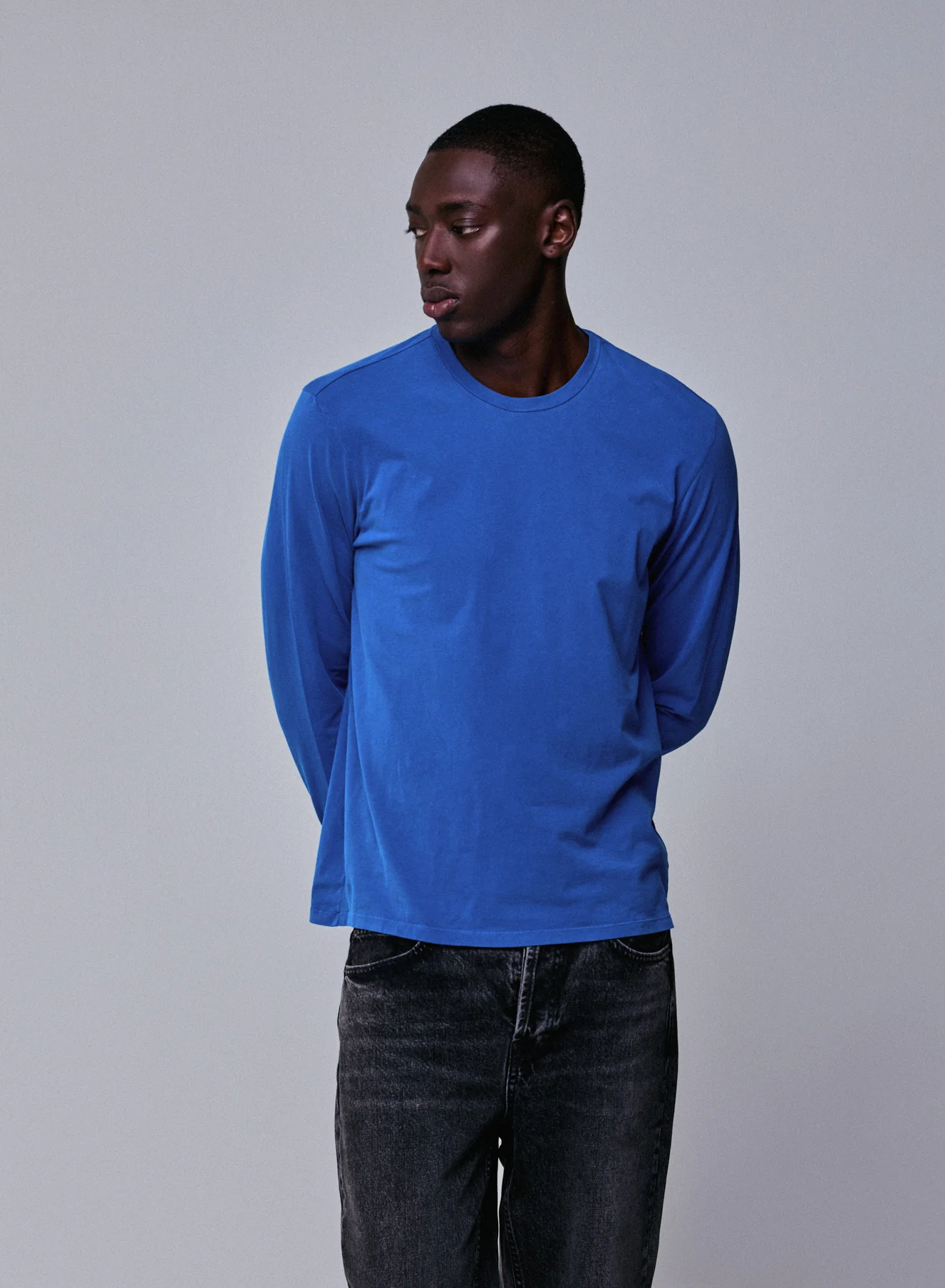 T-shirt Bleu Col Rond Manches Longues en Coton organique / Elasthanne