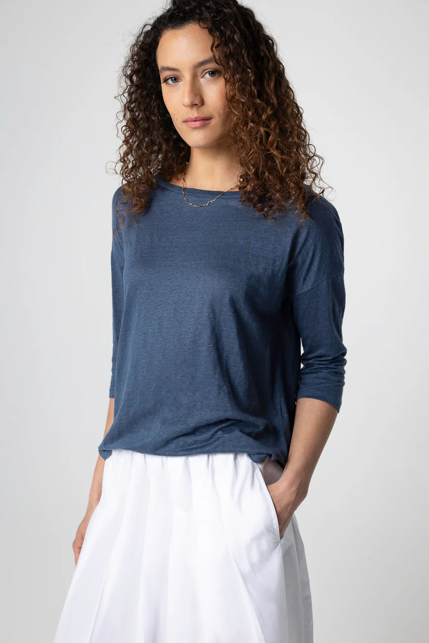 T-shirt Bleu Foncé Col Bateau Manches Trois quarts en Lin / Elasthanne - Image 3