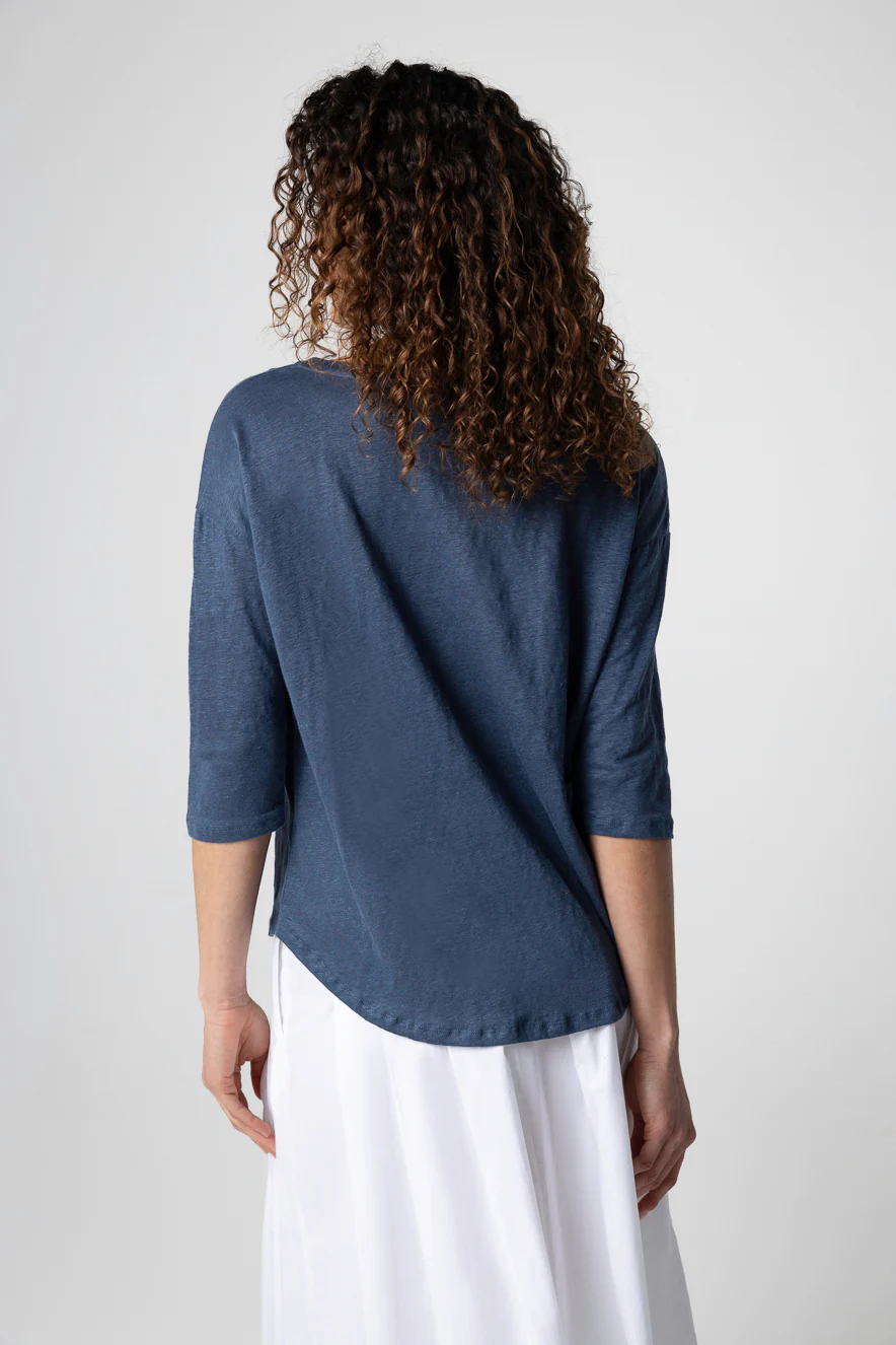 T-shirt Bleu Foncé Col Bateau Manches Trois quarts en Lin / Elasthanne - Image 4