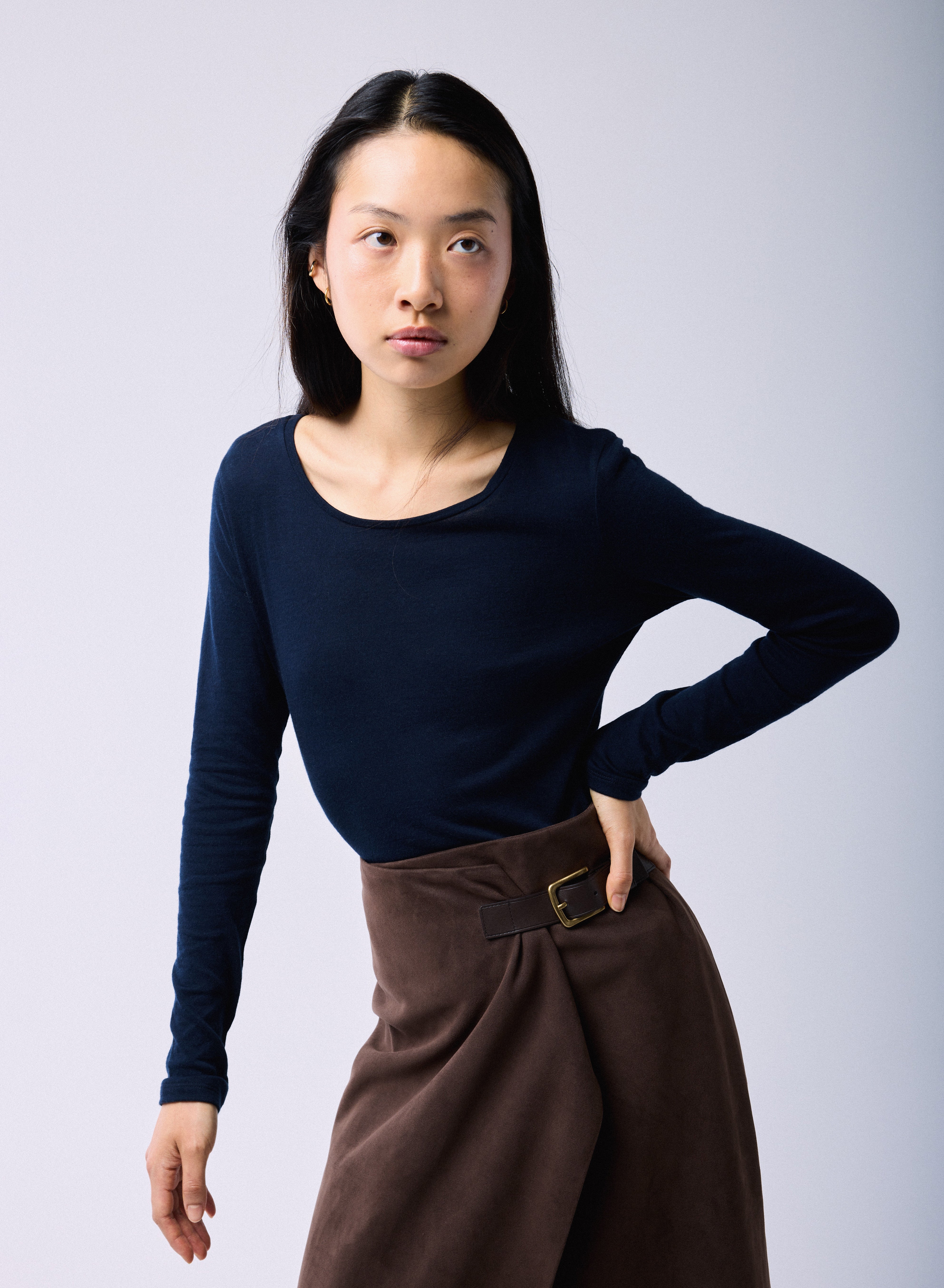 T-shirt Bleu / Gris Col Rond Manches Longues en Coton organique / Cachemire