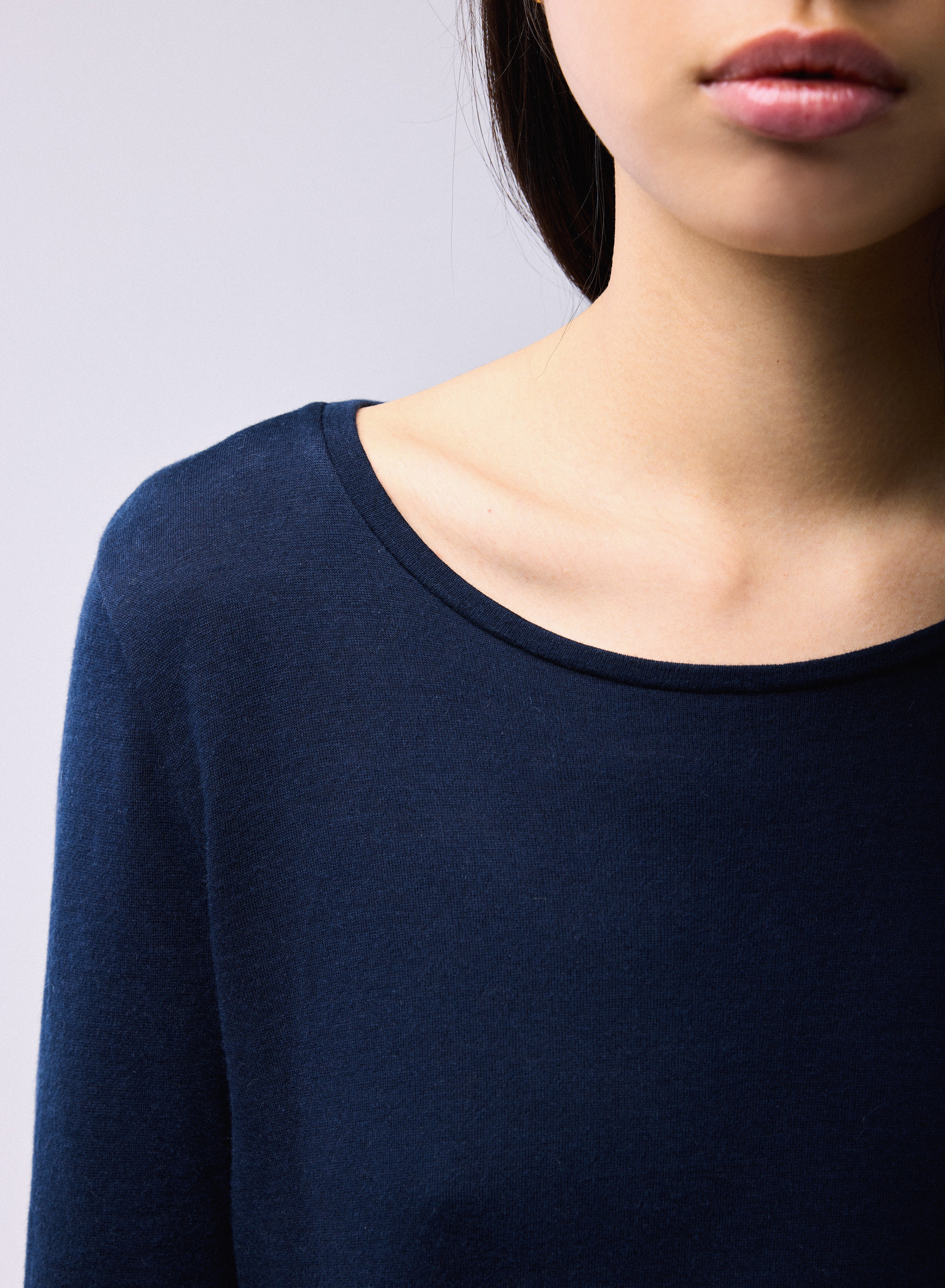 T-shirt Bleu / Gris Col Rond Manches Longues en Coton organique / Cachemire - Image 2