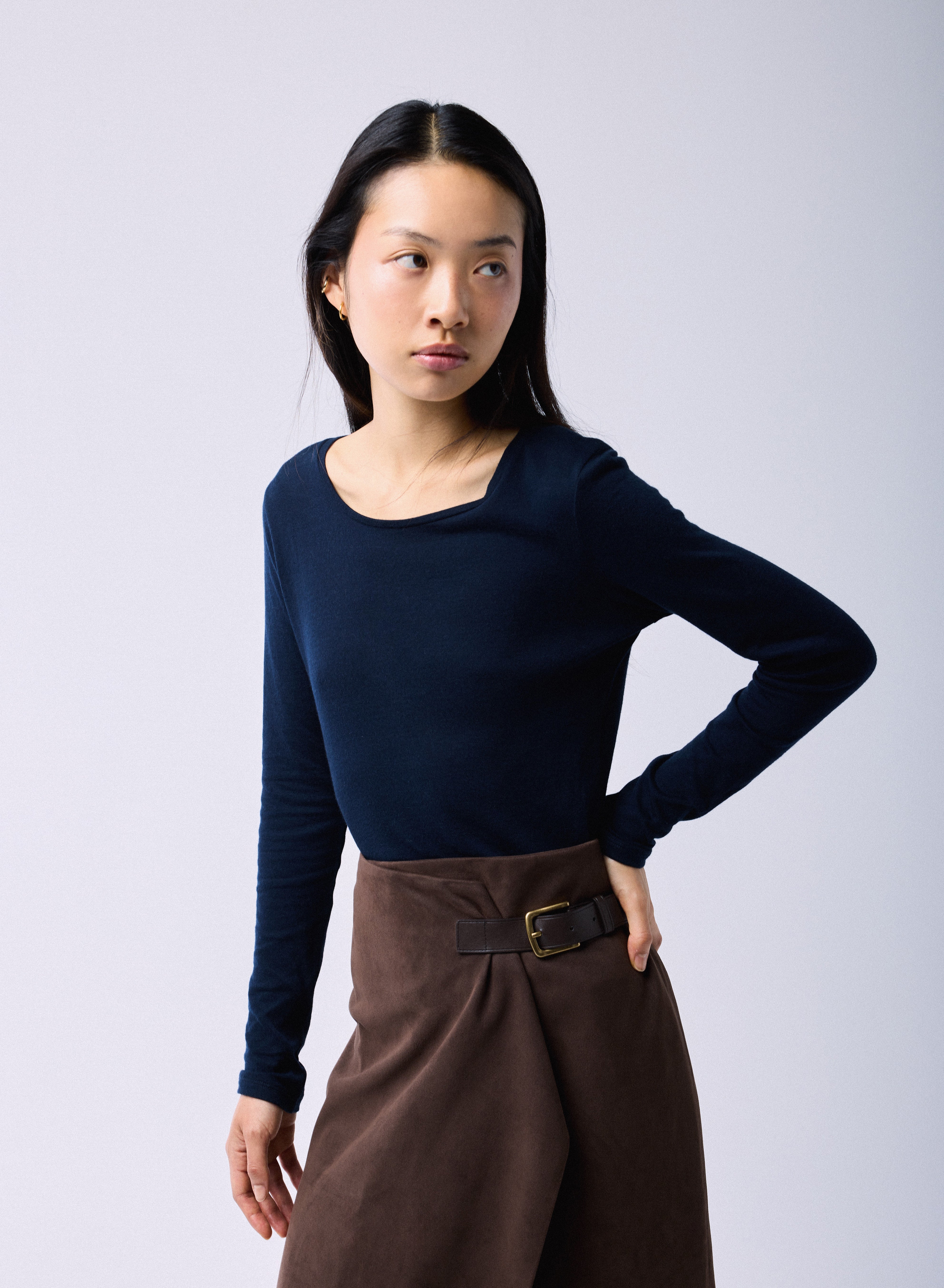 T-shirt Bleu / Gris Col Rond Manches Longues en Coton organique / Cachemire - Image 3