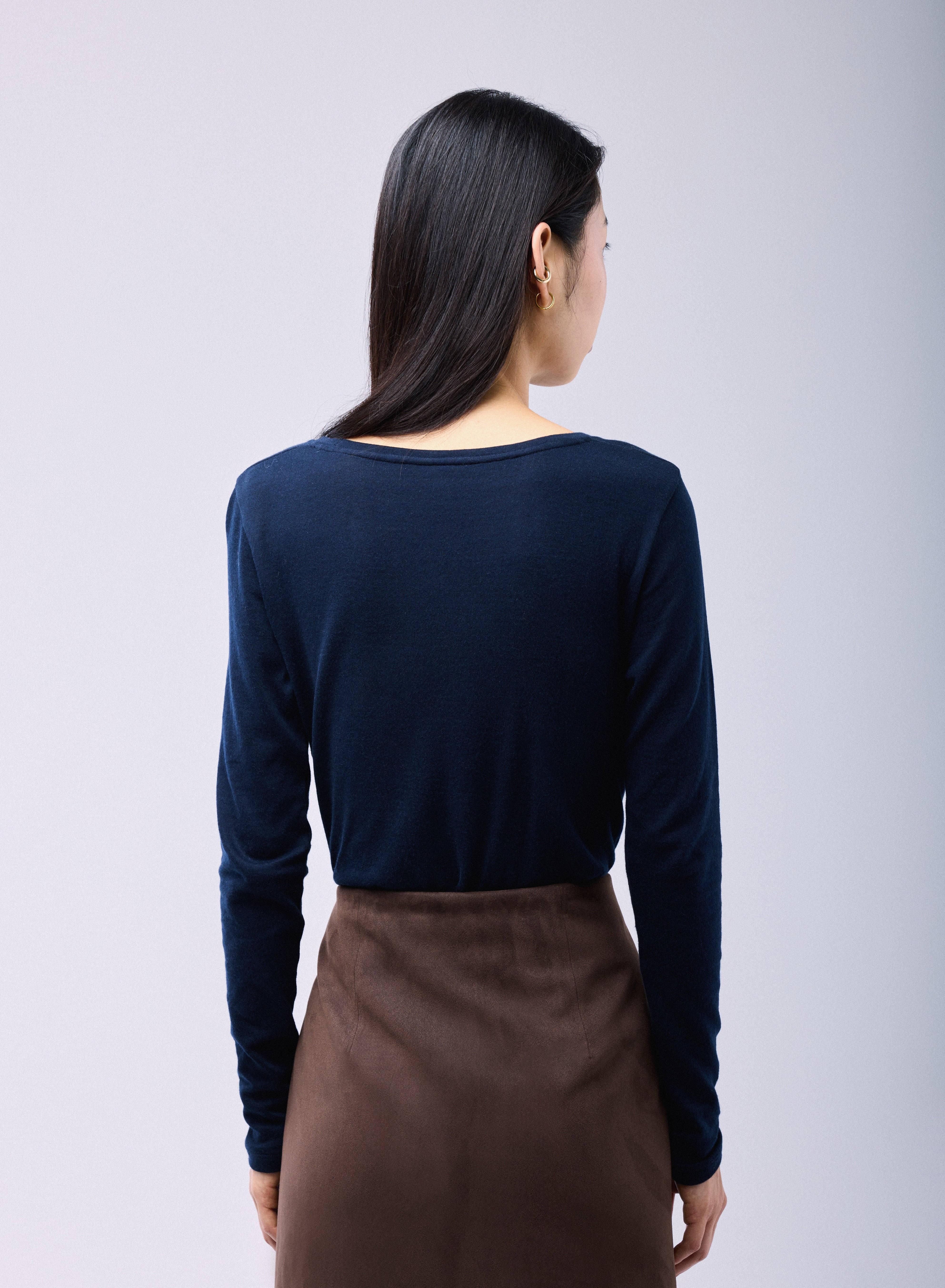 T-shirt Bleu / Gris Col Rond Manches Longues en Coton organique / Cachemire - Image 4