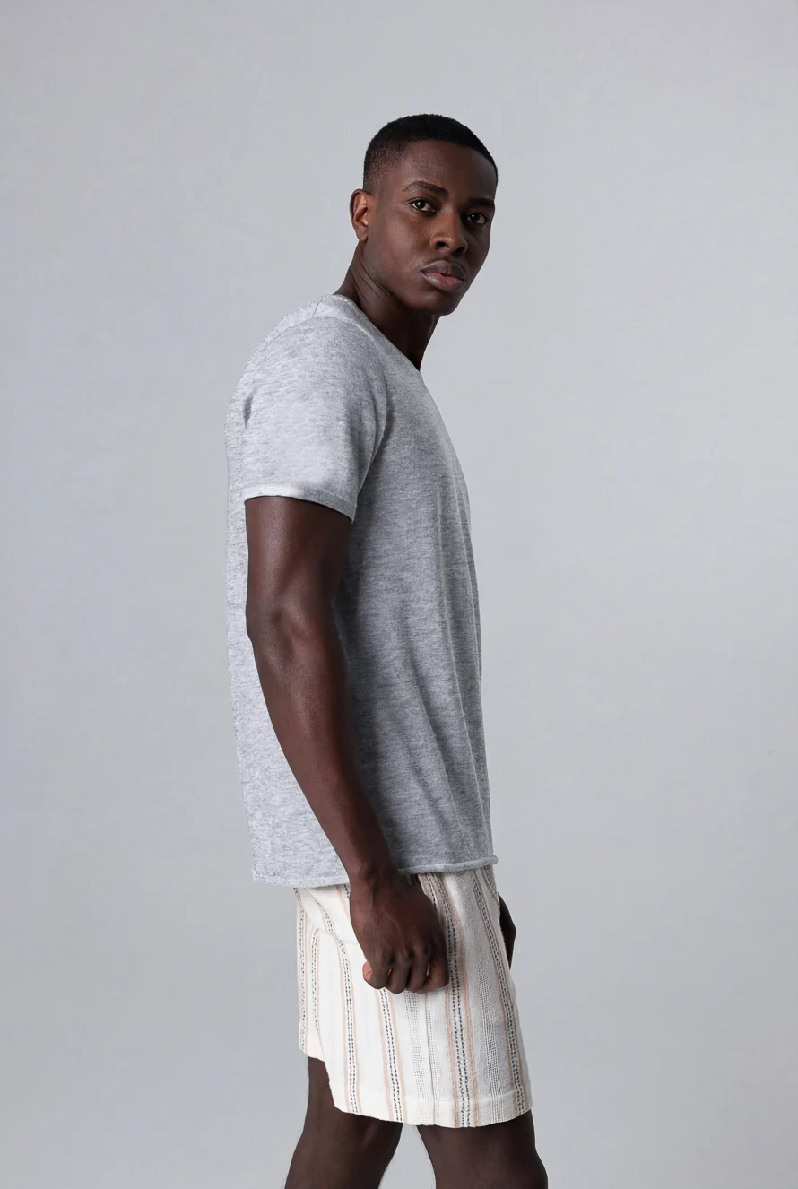 T-shirt Gris Col Rond Manches Courtes en Cachemire