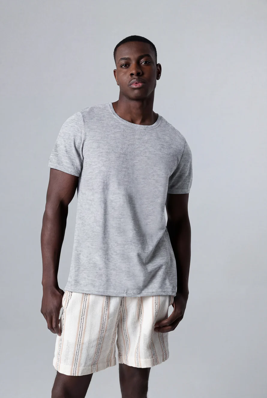 T-shirt Gris Col Rond Manches Courtes en Cachemire - Image 2