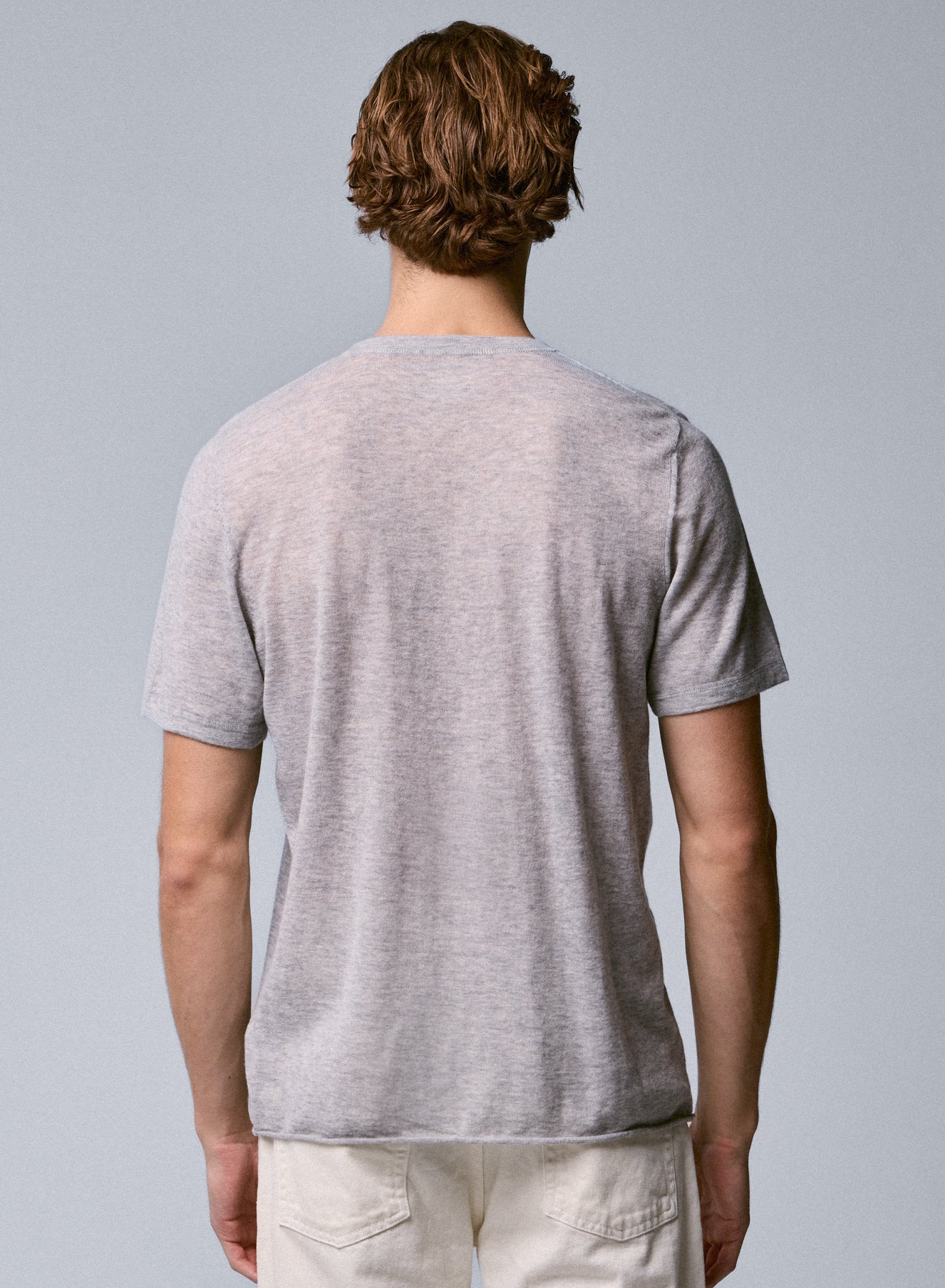 T-shirt Gris Col Rond Manches Courtes en Cachemire - Image 5