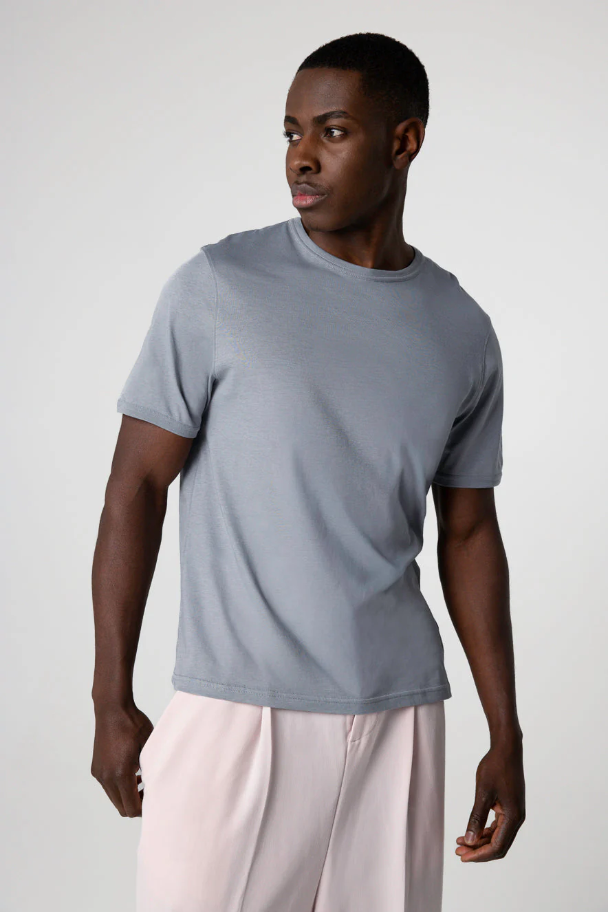 T-shirt Gris Col Rond Manches Courtes en Coton Supima - Image 2