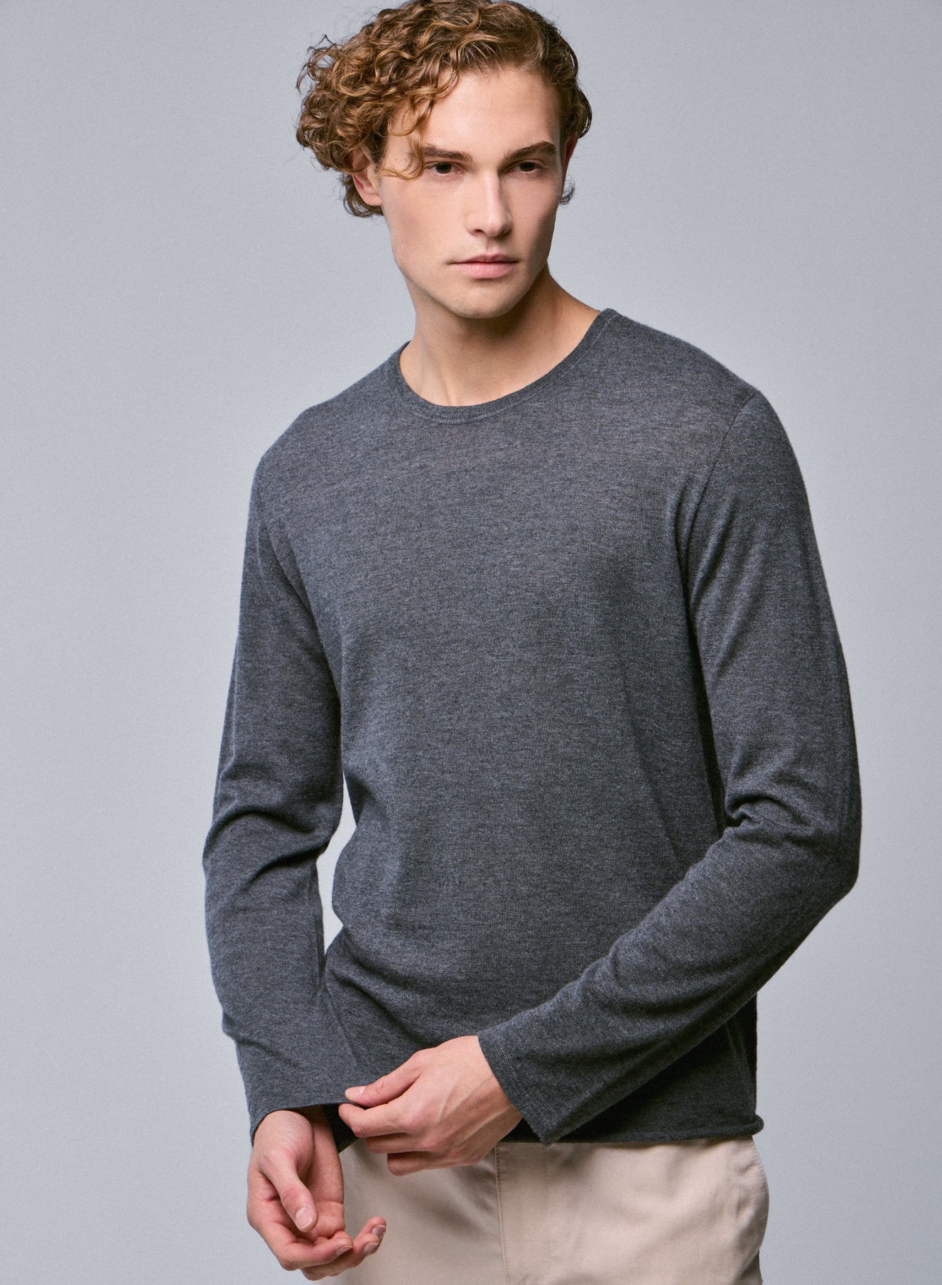 T-shirt Gris Col Rond Manches Longues en Cachemire