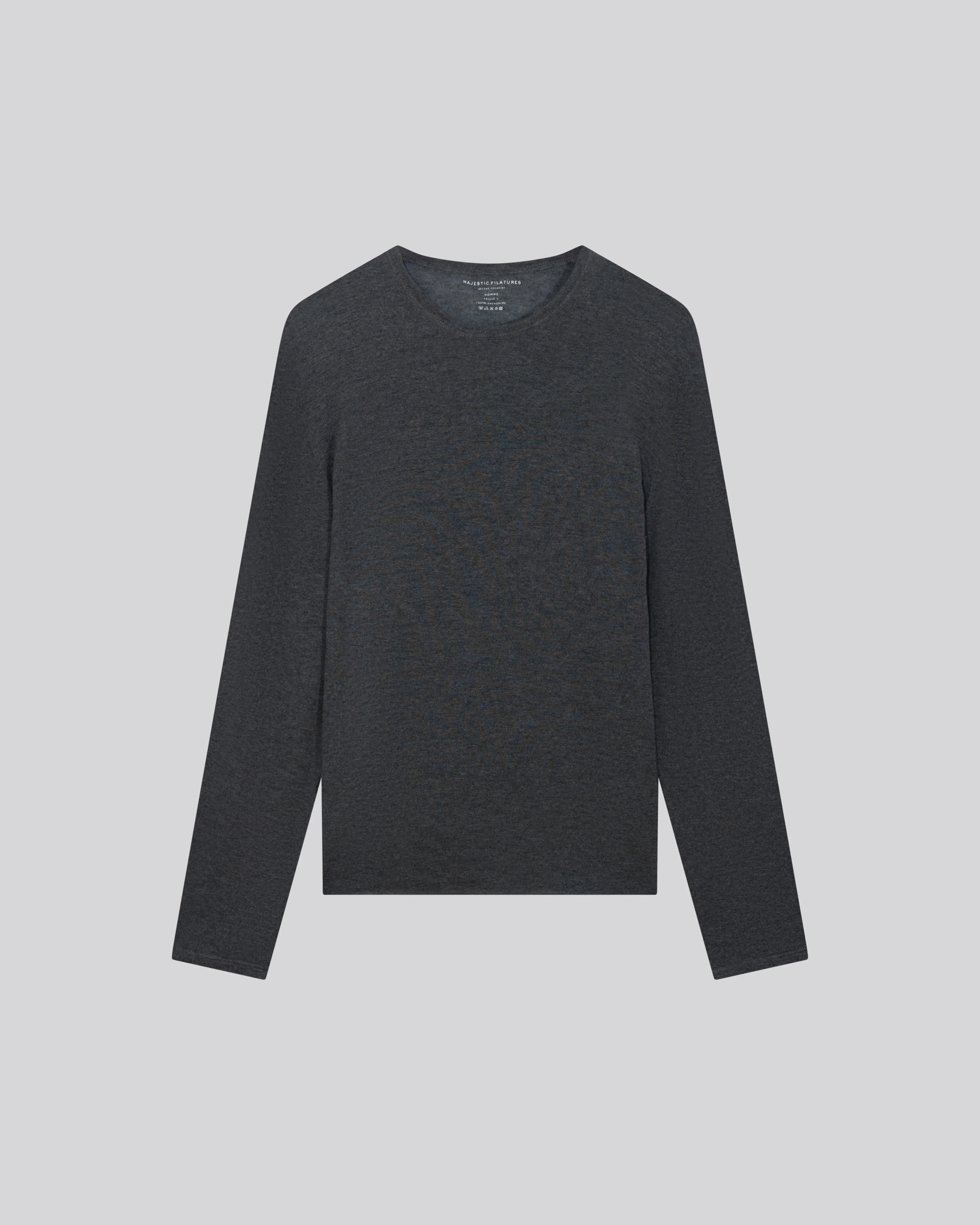 T-shirt Gris Col Rond Manches Longues en Cachemire - Image 6