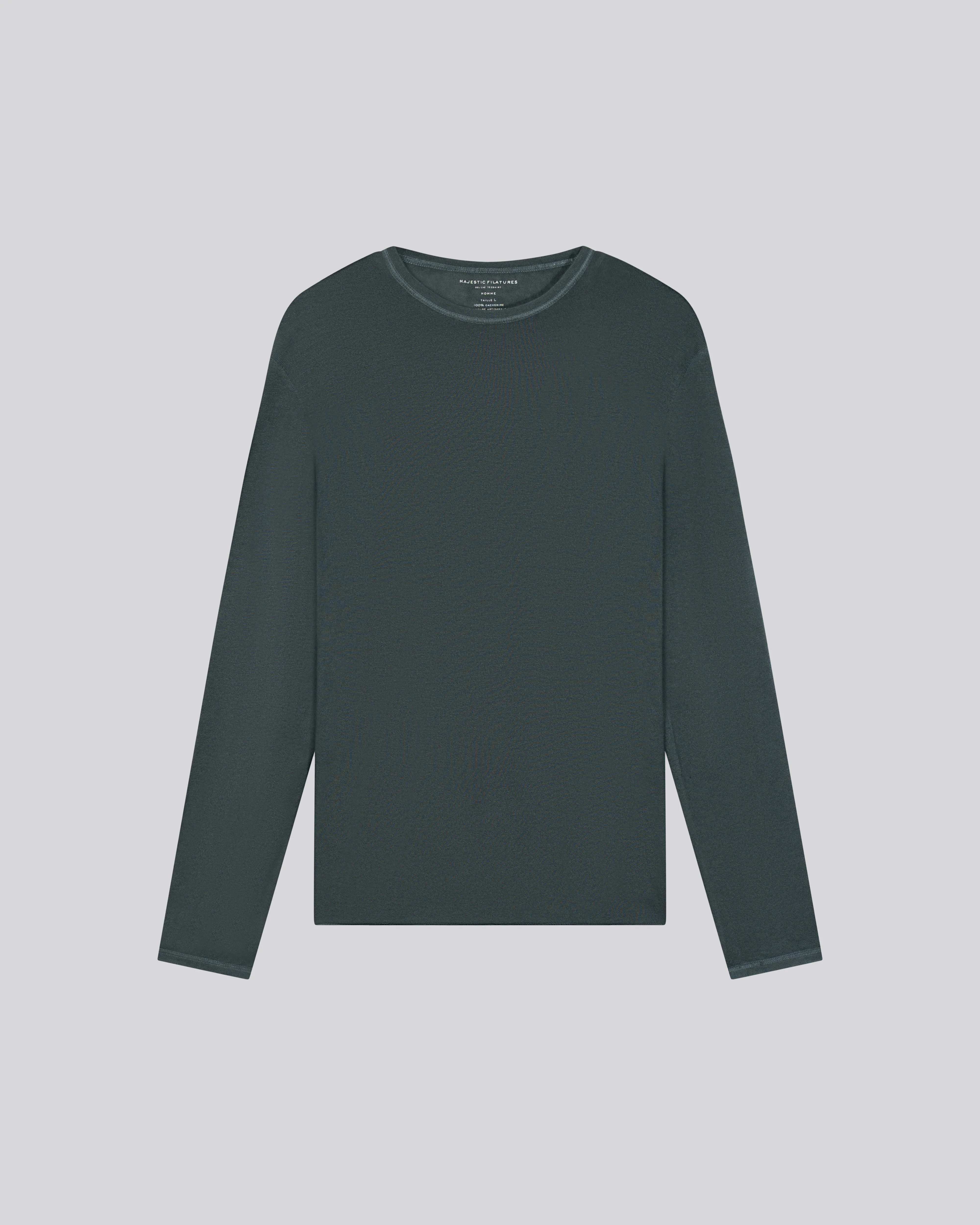 T-shirt Gris Col Rond Manches Longues en Cachemire - Image 6