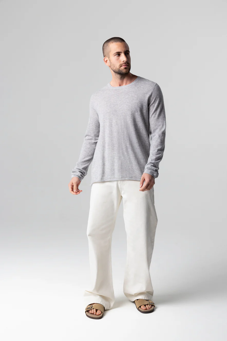 T-shirt Gris Col Rond Manches Longues en Cachemire