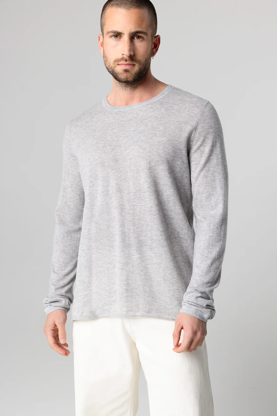 T-shirt Gris Col Rond Manches Longues en Cachemire - Image 2