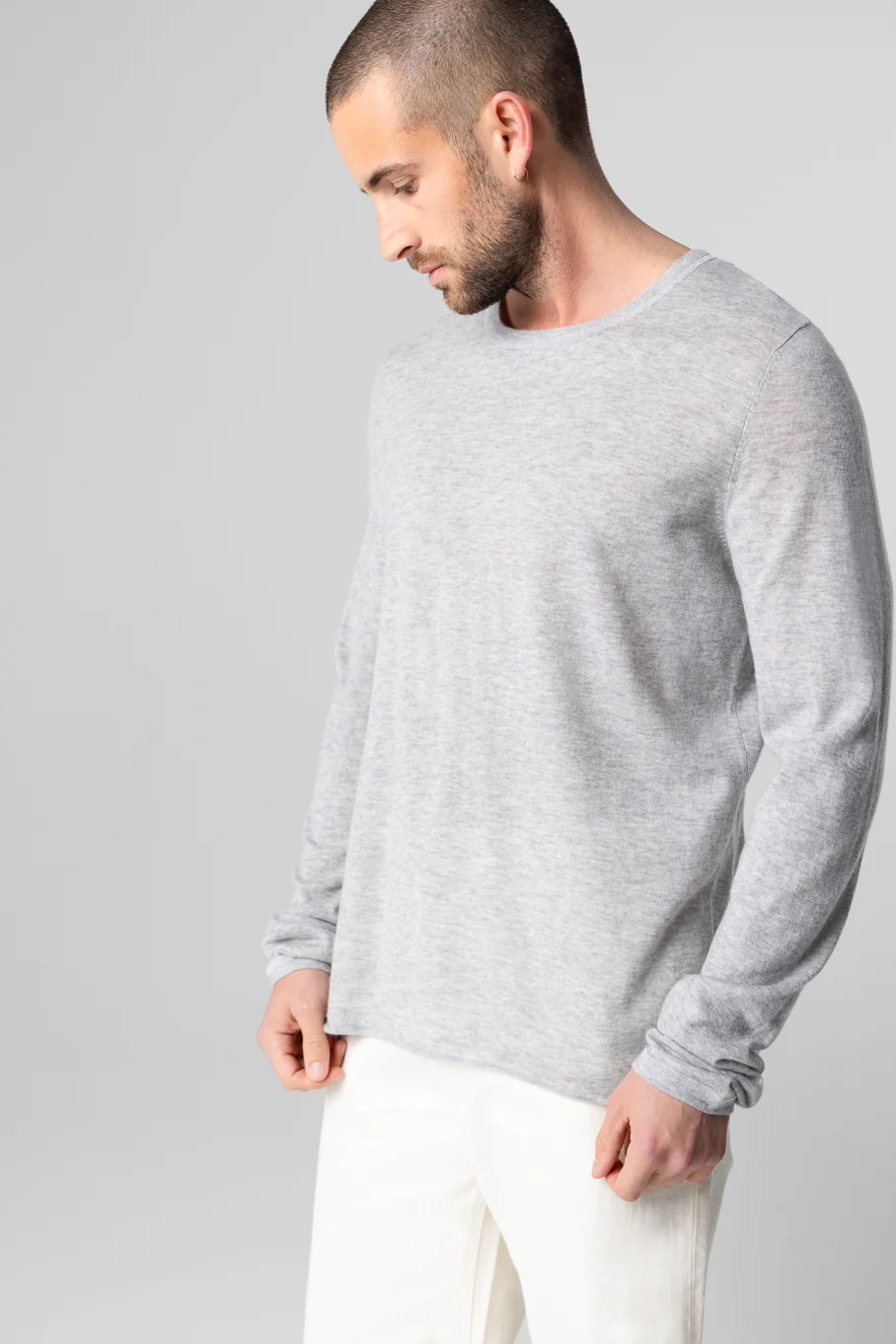 T-shirt Gris Col Rond Manches Longues en Cachemire - Image 3