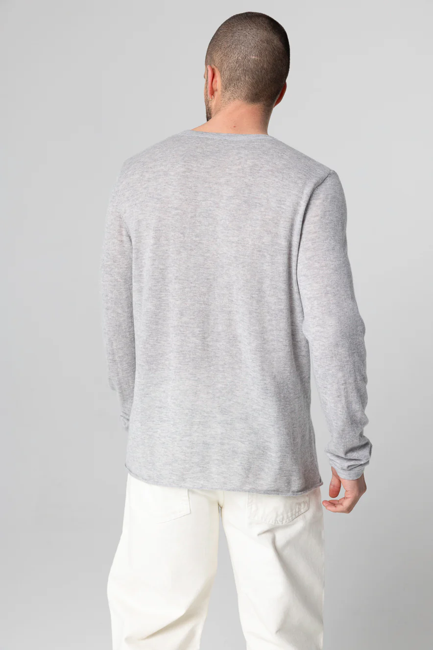 T-shirt Gris Col Rond Manches Longues en Cachemire - Image 4