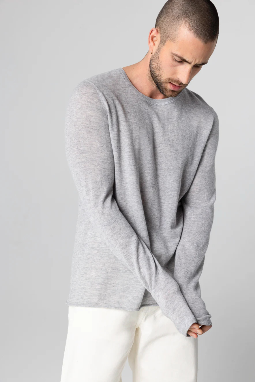 T-shirt Gris Col Rond Manches Longues en Cachemire - Image 5