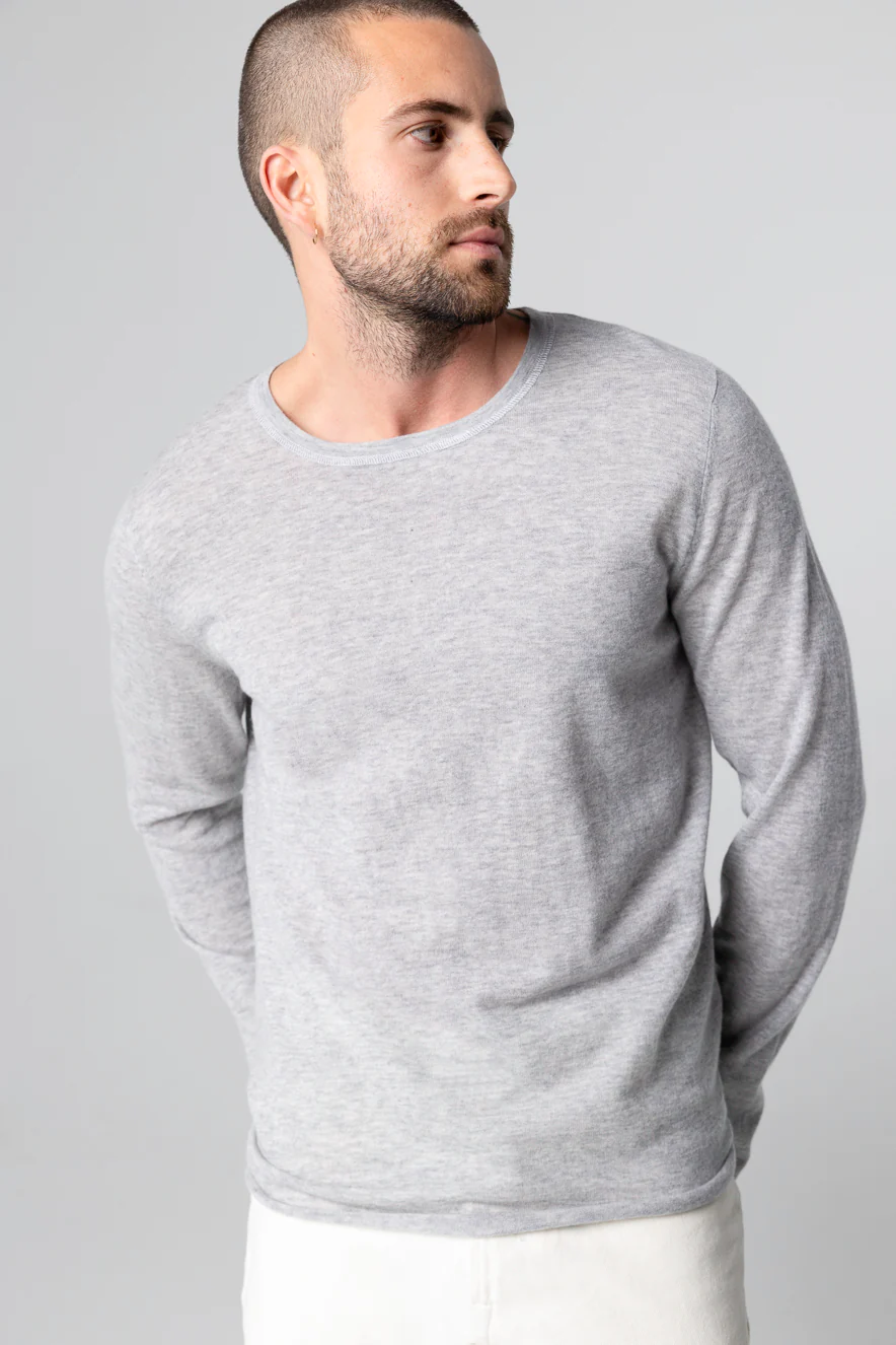 T-shirt Gris Col Rond Manches Longues en Cachemire - Image 6