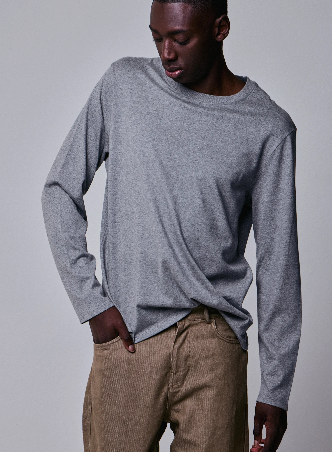 T-shirt Gris Col Rond Manches Longues en Coton organique