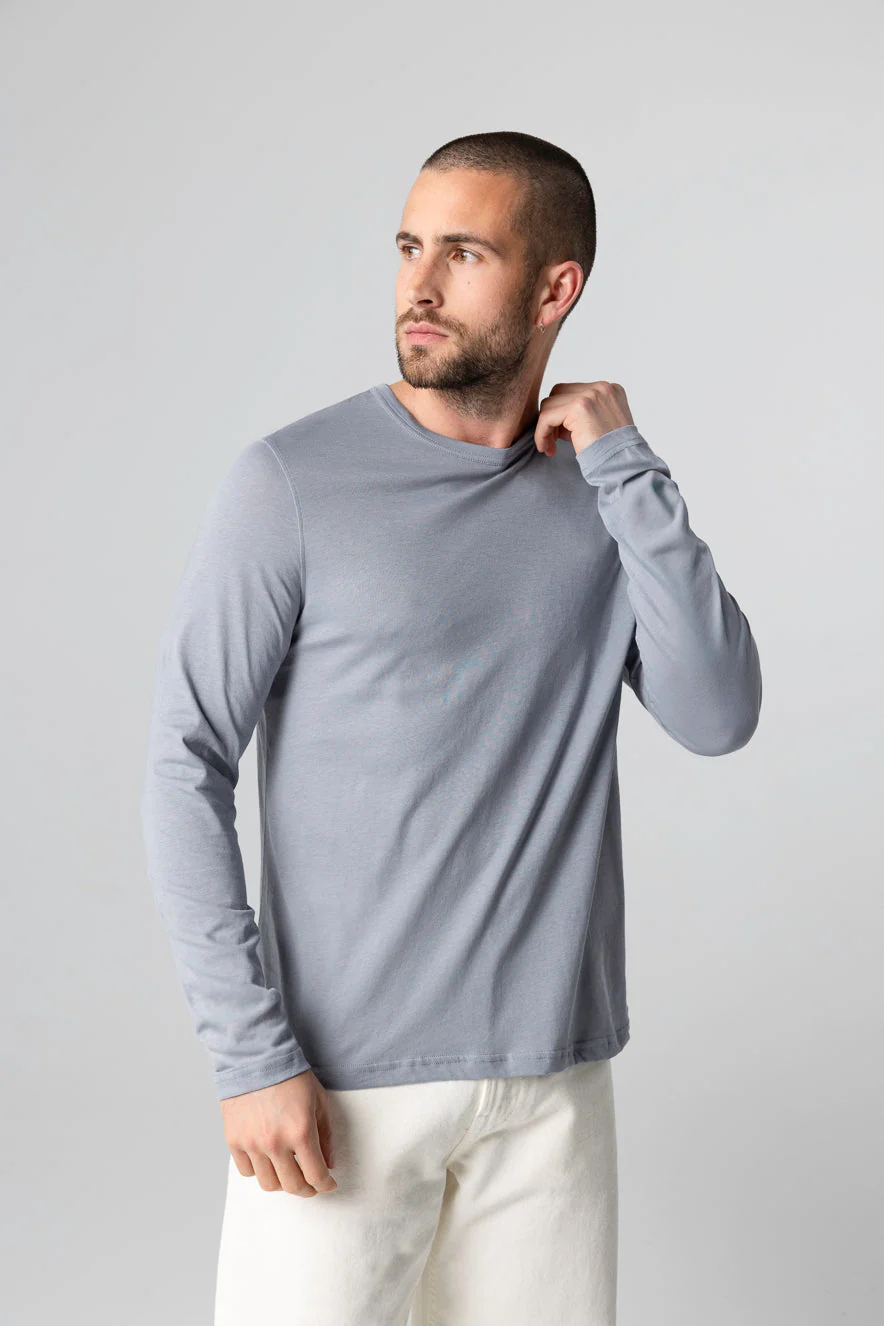 T-shirt Gris Col Rond Manches Longues en Coton Supima - Image 2