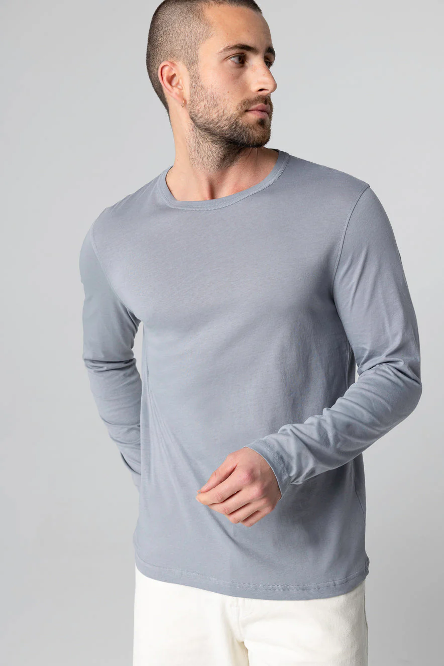 T-shirt Gris Col Rond Manches Longues en Coton Supima - Image 4