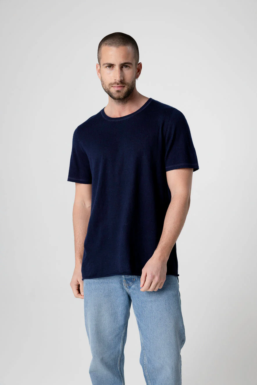 T-shirt Marine Col Rond Manches Courtes en Cachemire - Image 3