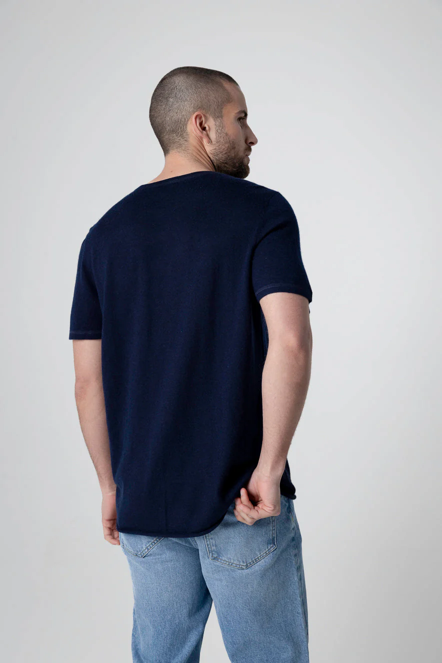 T-shirt Marine Col Rond Manches Courtes en Cachemire - Image 4