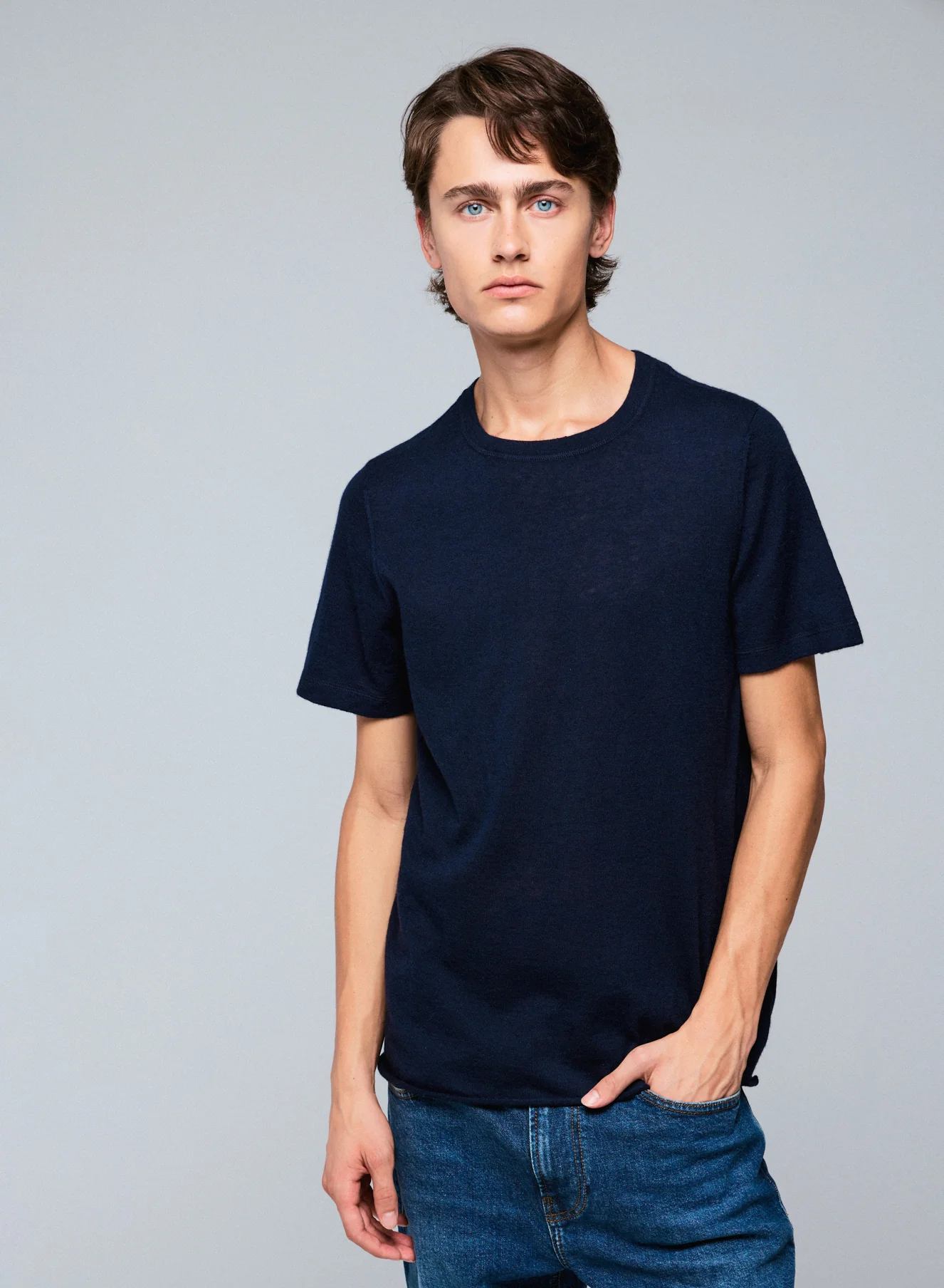 T-shirt Marine Col Rond Manches Courtes en Cachemire