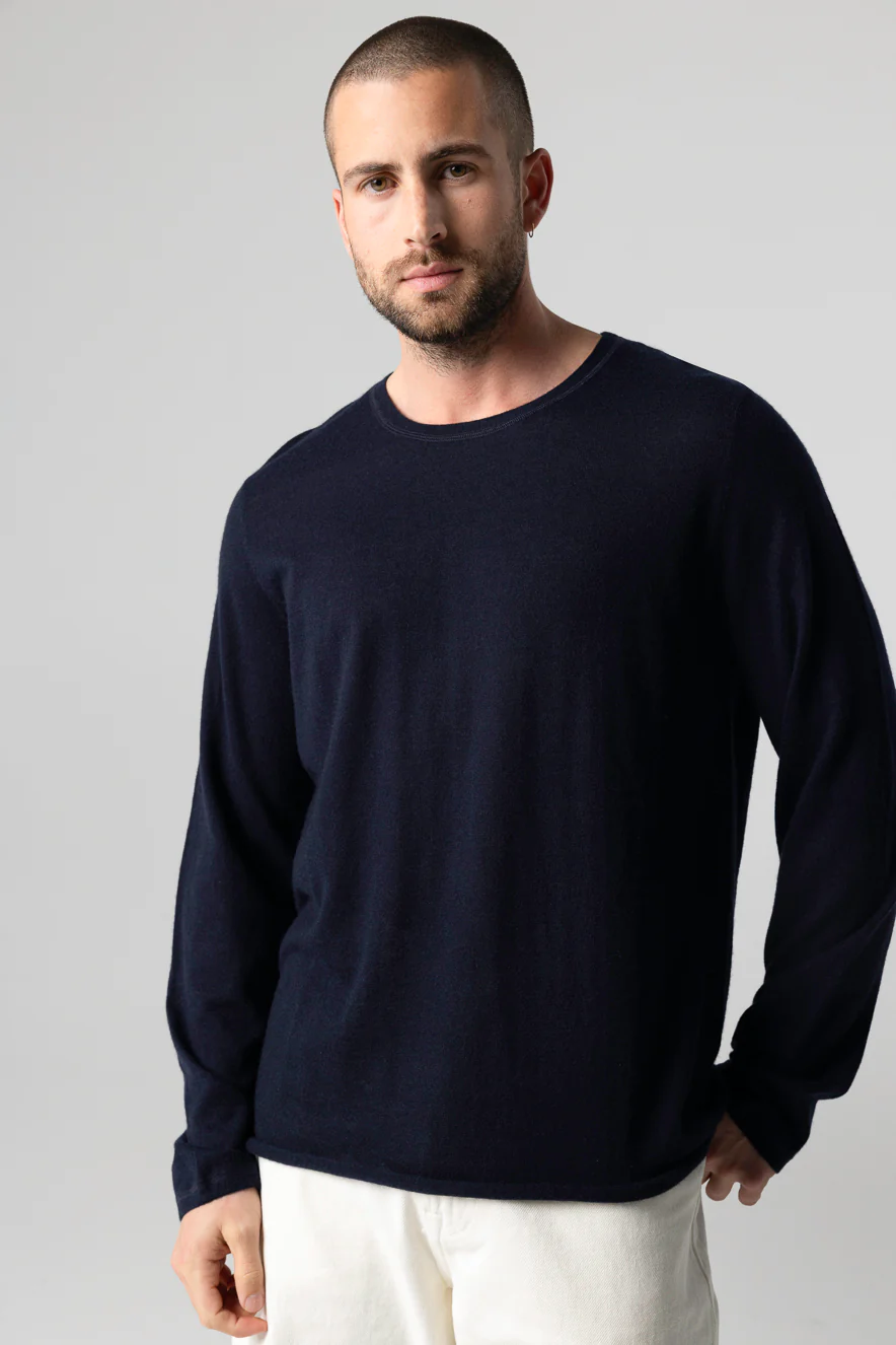 T-shirt Marine Col Rond Manches Longues en Cachemire